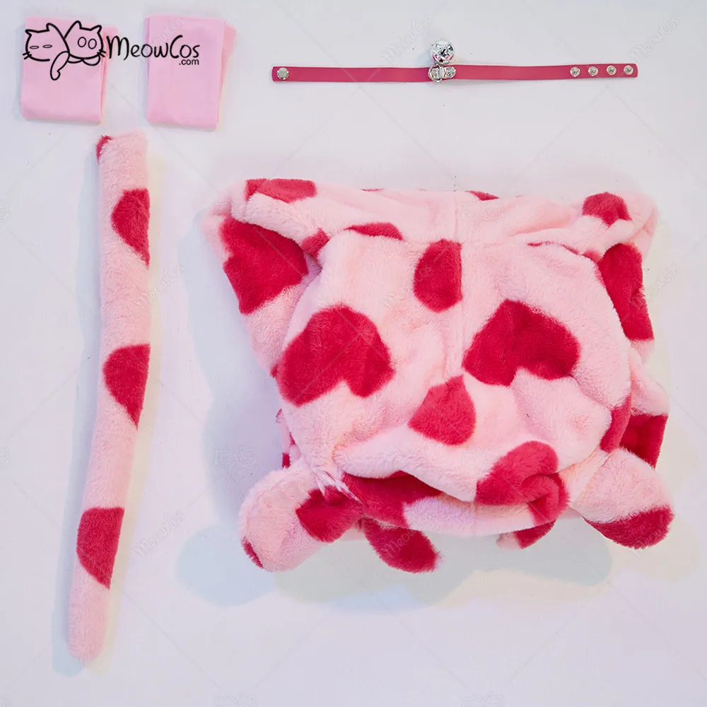 Meowcos Women's Cow Style Bodycon Romper Pajama Heart Print Long Sleeve Zipper Bodycon Jumpsuit Sleepwear with Choker and Socks