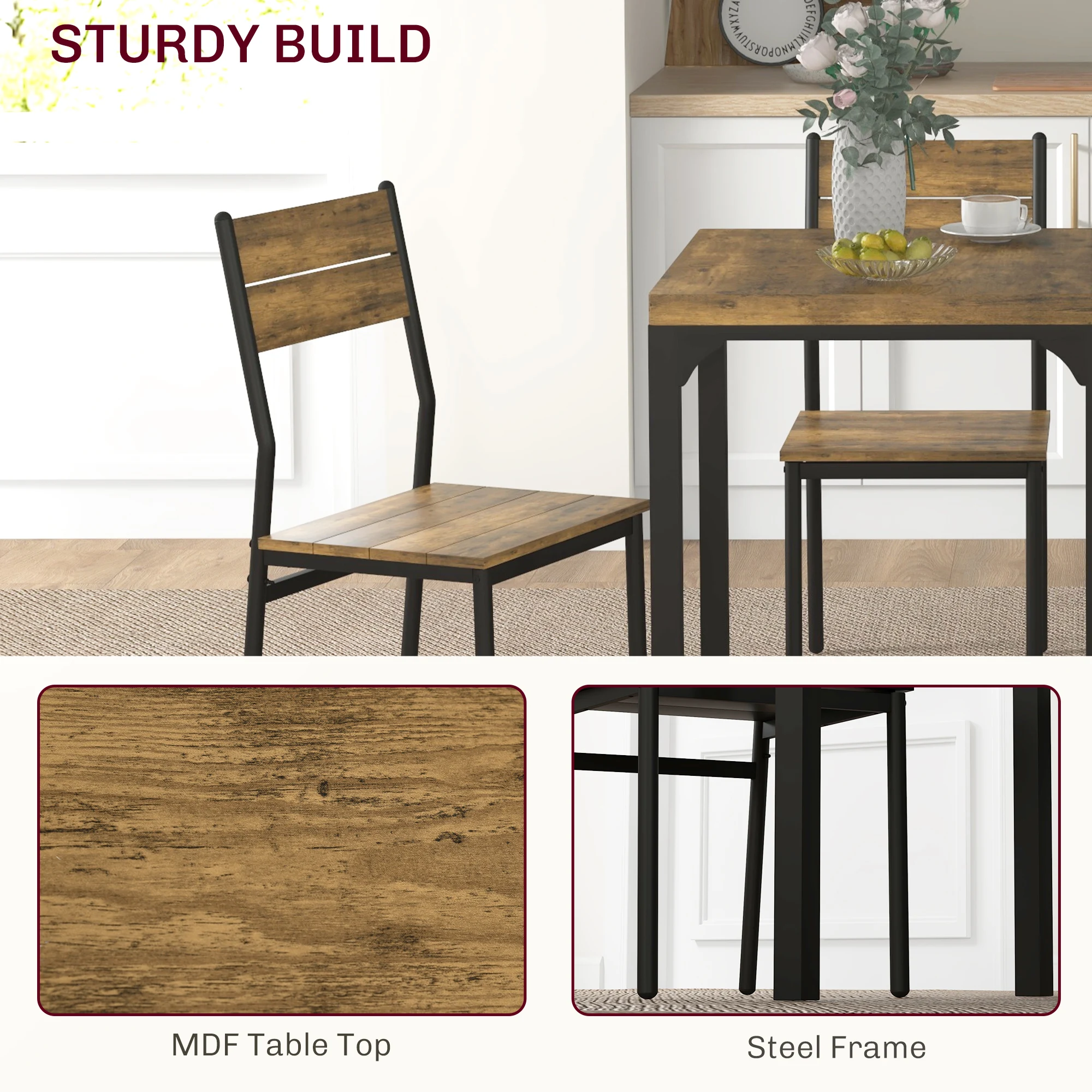 HOMCOM 3 Pcs Compact Dining Table 2 Chairs Set Rustic Brown