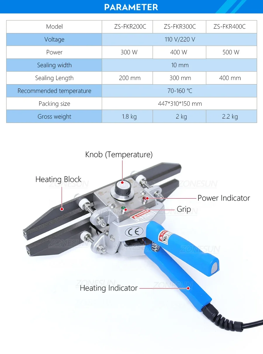 LOCAL DELIVERY ZONESUN ZS-FKR200C Handheld Sealer For Mylar/Aluminum Bags 0-250℃ Adjustable Temperature