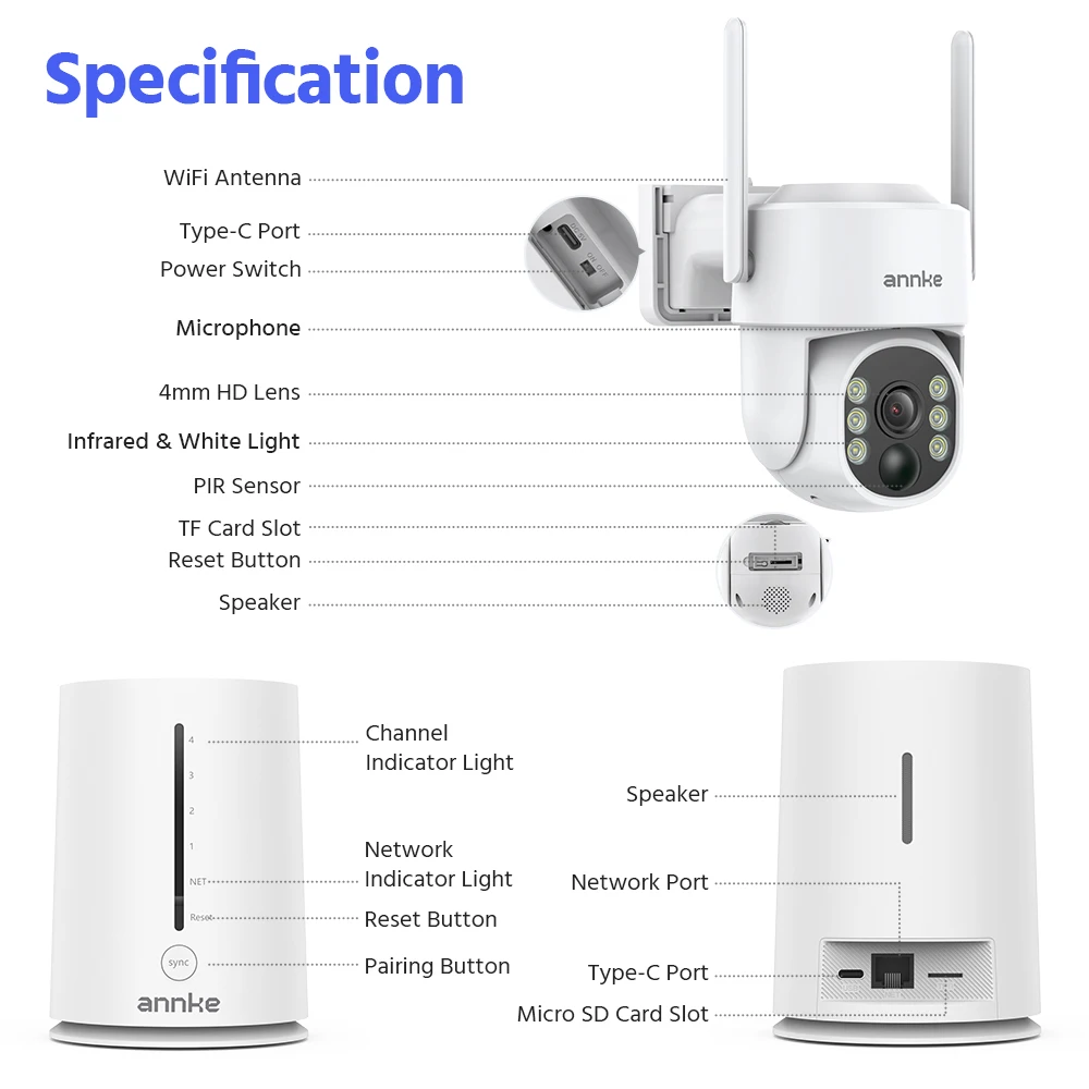 ANNKE 4MP Battery WiFi Security Camera PT Auto Tracking Color Night Vision Wireless IP Camera 4CH Security System