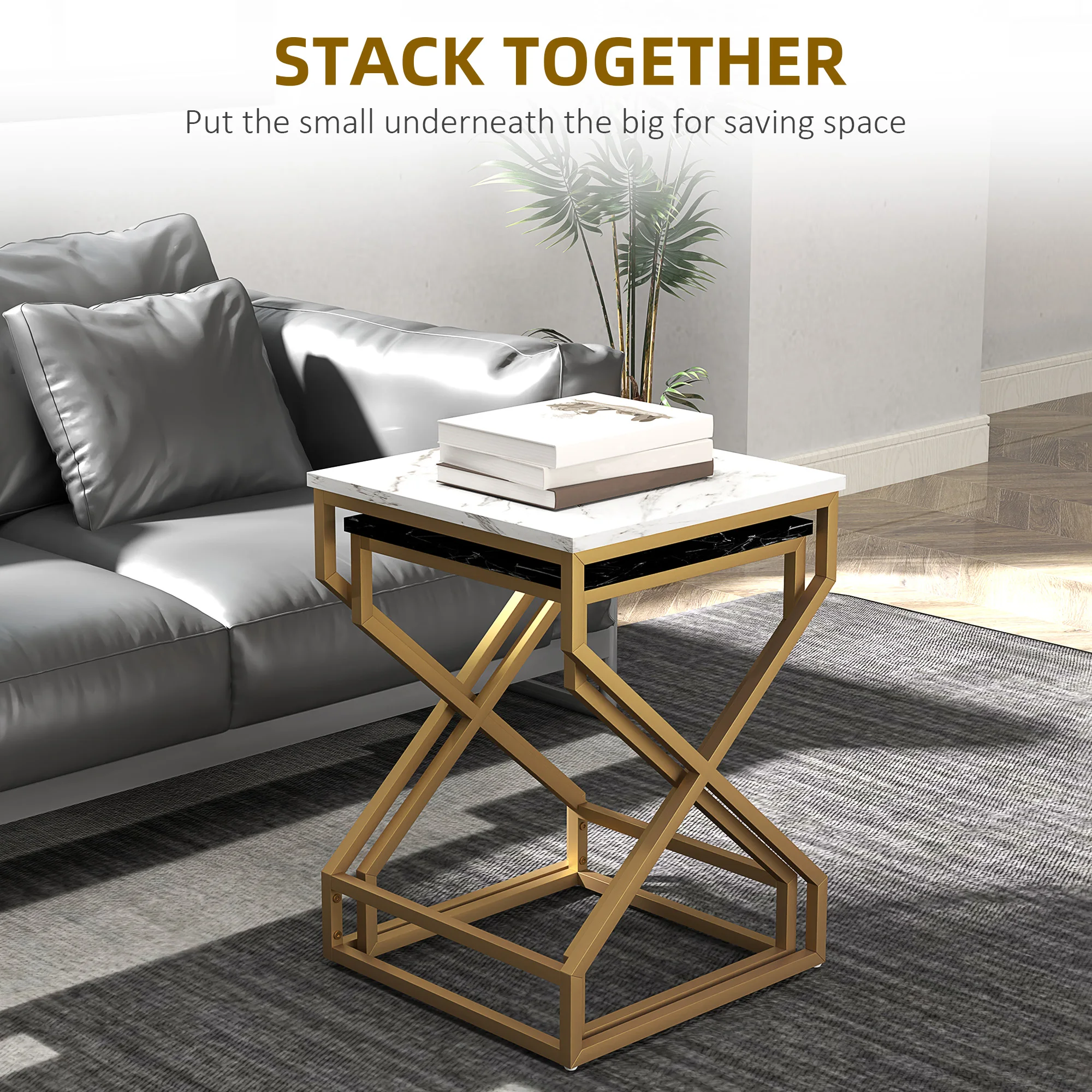 HOMCOM Nest Of Tables, Coffee Table Set with Steel Frame Black/White