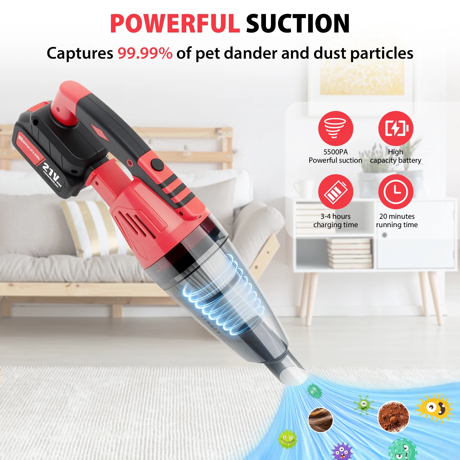 5000W Cordless Car Vacuum Cleaner with Batteries, USB Car Hoover Hand Held Vacuum Cordless Car Vacuum Cleaner 5500PA Suction
