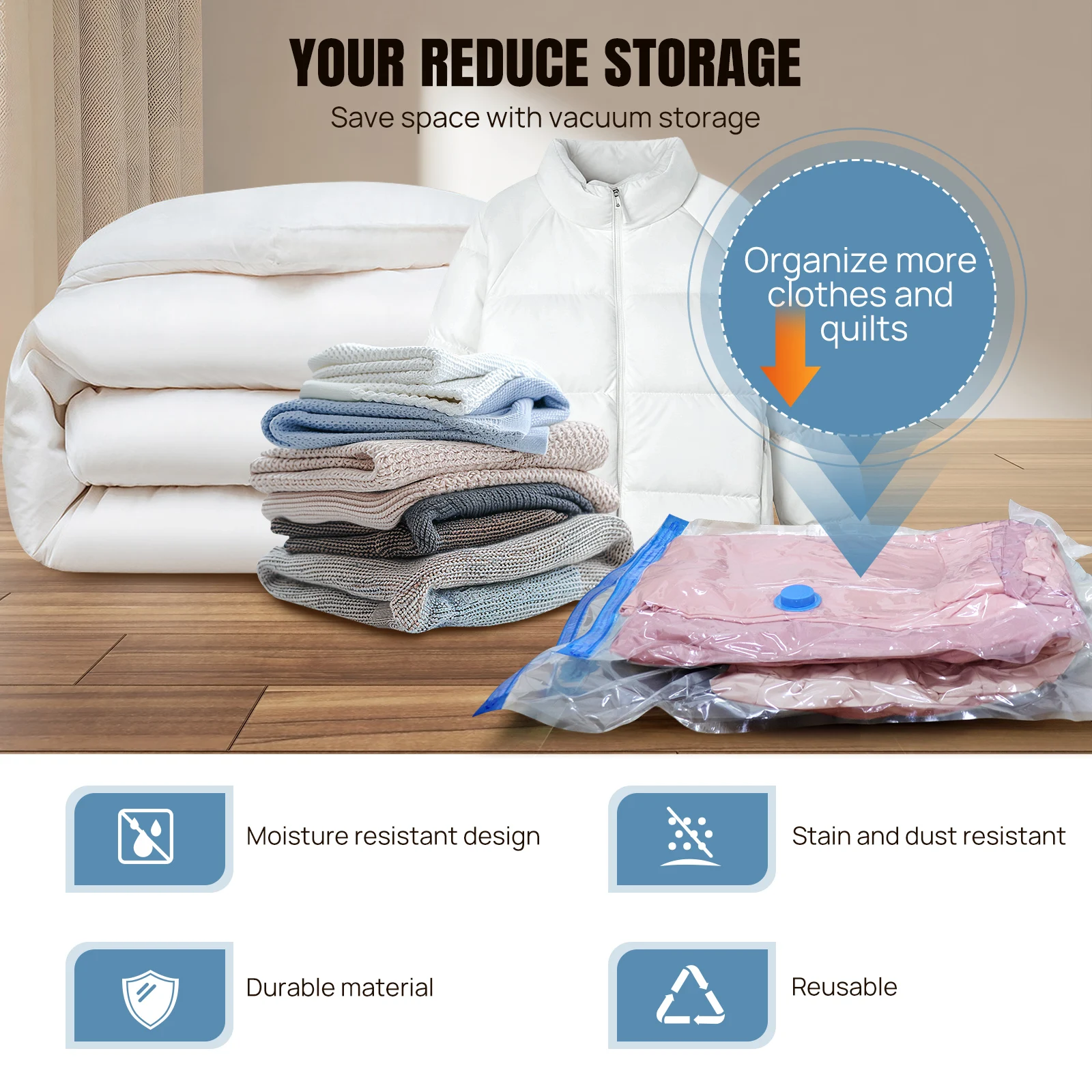 Clothes Storage Bag,12 Vacuum Bags, Multi-Purpose Plastic Bag, For Clothes, Bedding, Dormitories, Moving,Reusable