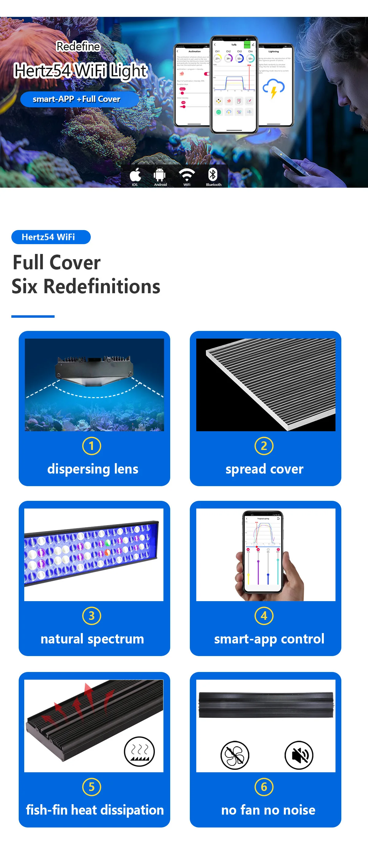 PopBloom H54 WiFi Marine Aquarium Light 60W Fanless Full Spectrum LED Aquarium Light APP Programmable Lamp For Marine Saltwater