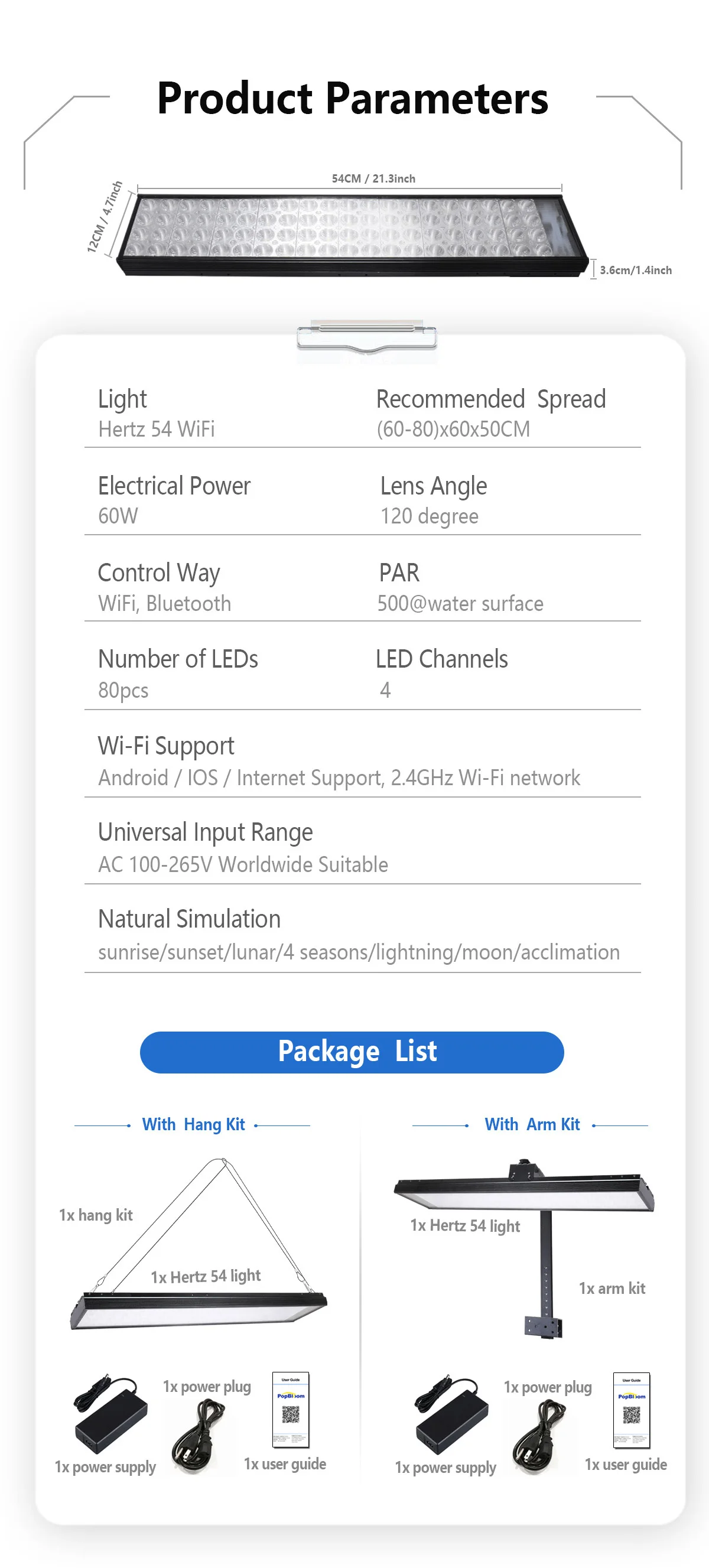 PopBloom H54 WiFi Marine Aquarium Light 60W Fanless Full Spectrum LED Aquarium Light APP Programmable Lamp For Marine Saltwater