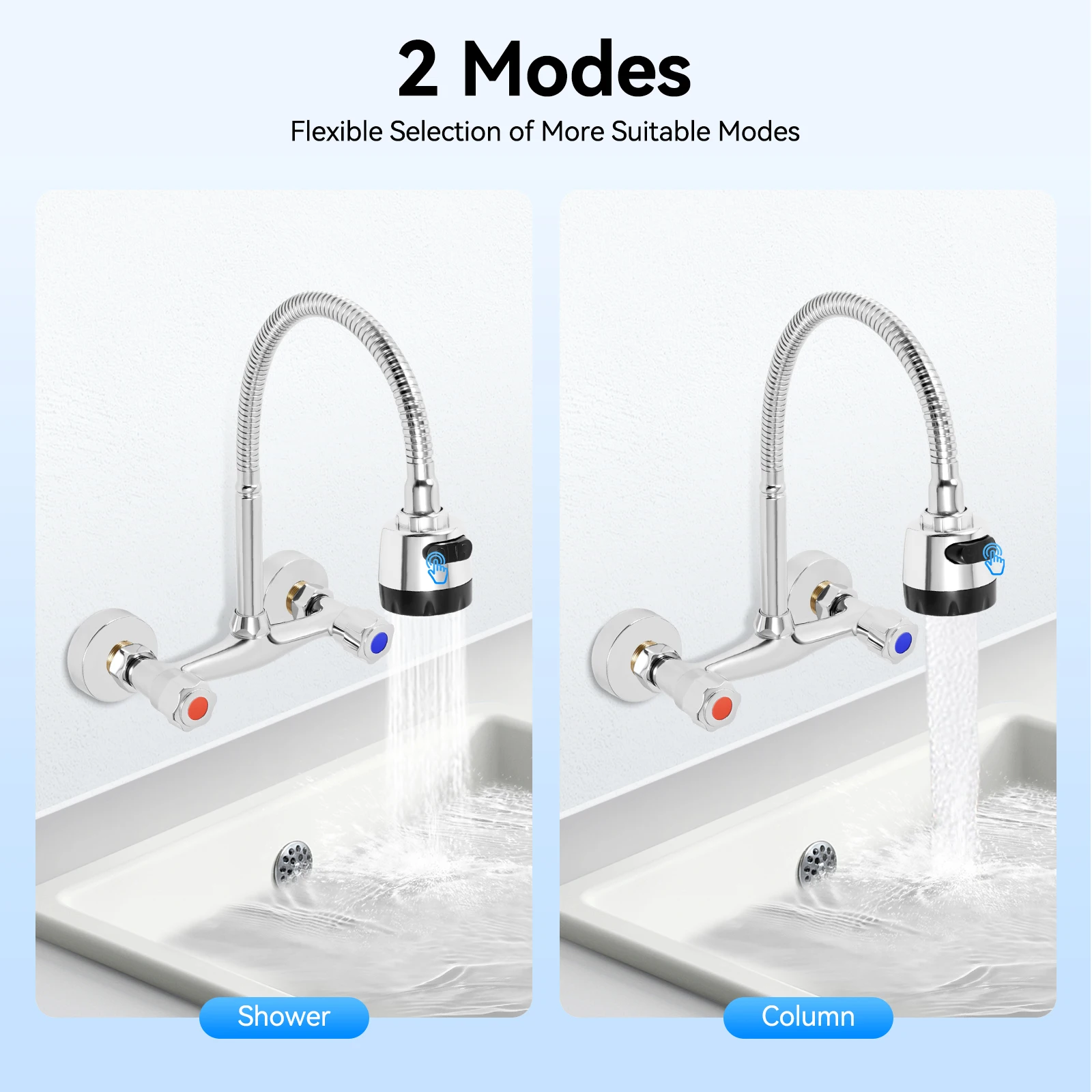 Wall Mounted Faucet 360° Rotating Hot and Cold Water Mixer Kitchen Sink Faucet 2 Spray Modes G 1/2" Interface