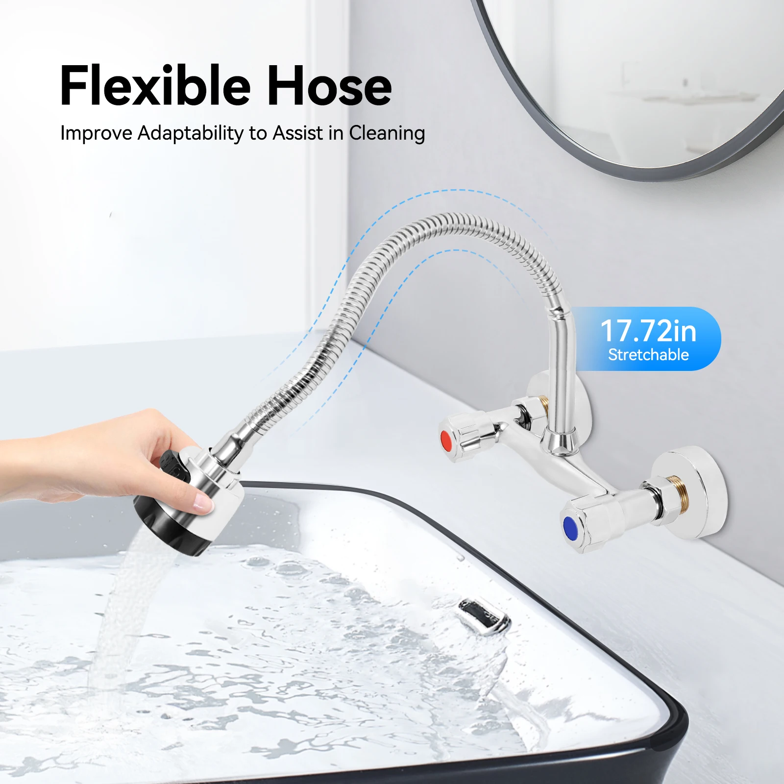 Wall Mounted Faucet 360° Rotating Hot and Cold Water Mixer Kitchen Sink Faucet 2 Spray Modes G 1/2" Interface