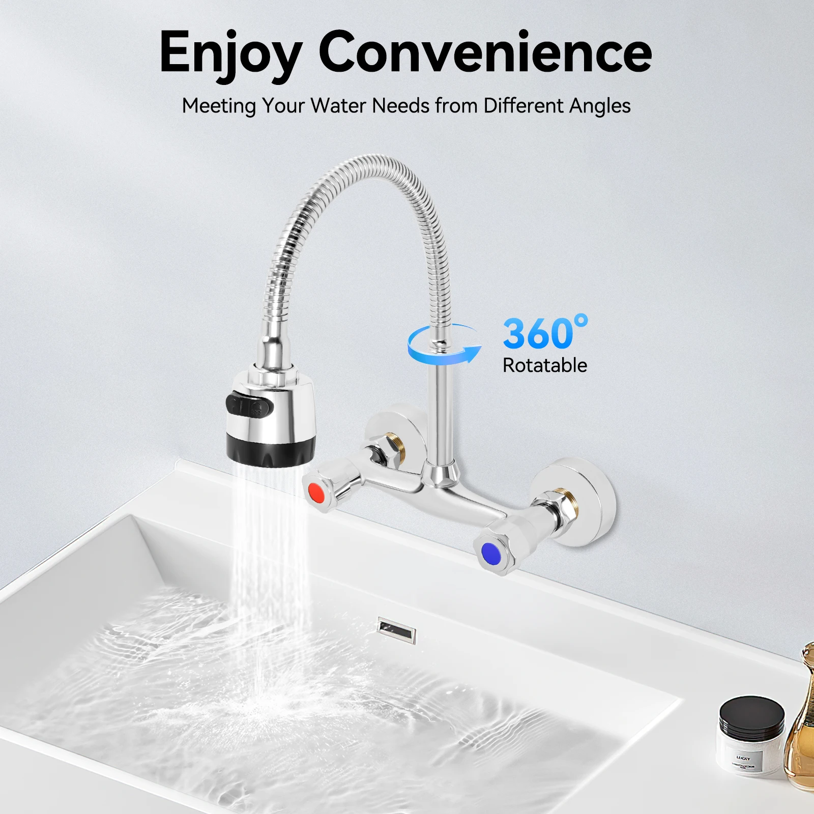Wall Mounted Faucet 360° Rotating Hot and Cold Water Mixer Kitchen Sink Faucet 2 Spray Modes G 1/2" Interface