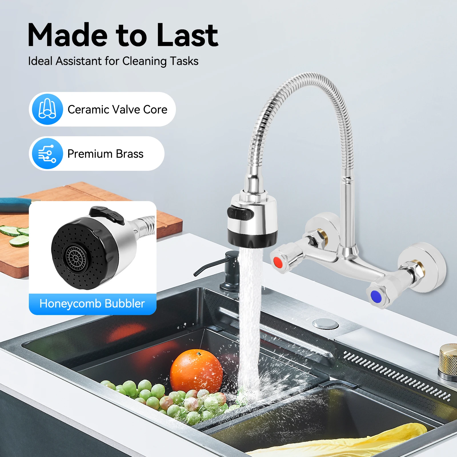 Wall Mounted Faucet 360° Rotating Hot and Cold Water Mixer Kitchen Sink Faucet 2 Spray Modes G 1/2" Interface