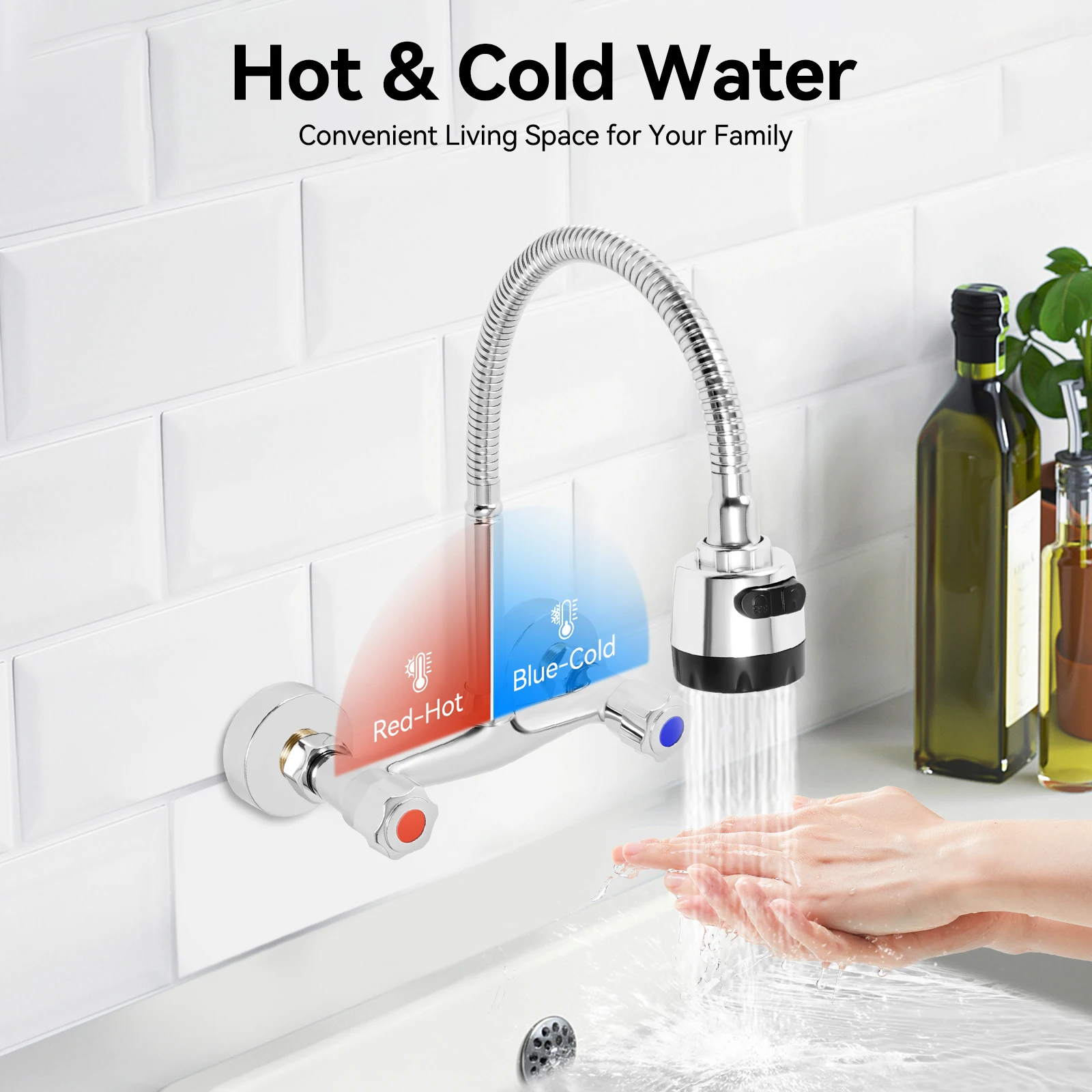 Wall Mounted Faucet 360° Rotating Hot and Cold Water Mixer Kitchen Sink Faucet 2 Spray Modes G 1/2" Interface