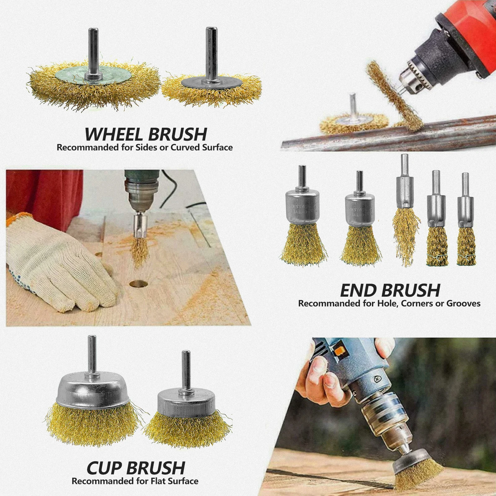 15pcs Wire Brush Drill Brass Coated Set Tool Rotary Polishing Rust Wood