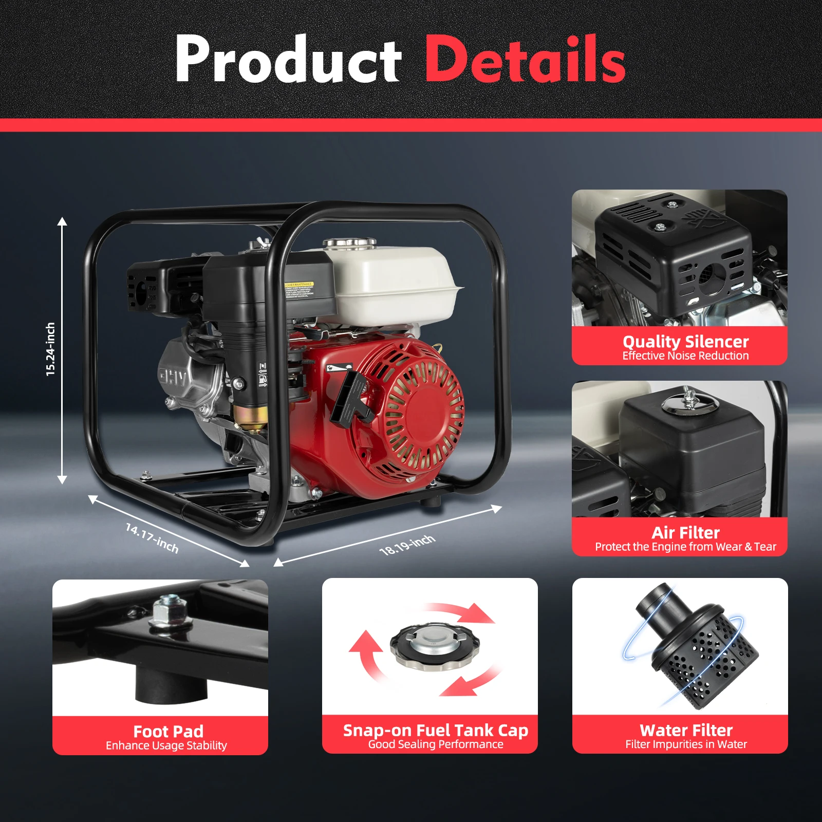 6.5HP Gasoline Water Pump, 210CC 4-Stroke OHV Engine Water Transfer Pump, 2-inch Irrigation Pump 3600RPM 36m³/h Flow 92FT Lift