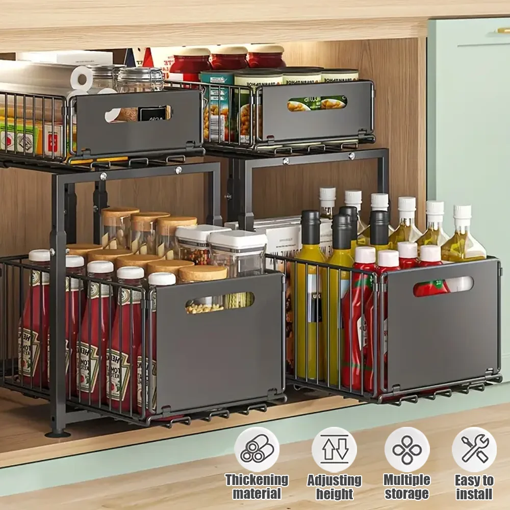 Kitchen Shelves Slide-out Storage Rack, Cabinet Pull-out Storage Basket, Punch-free Storage Rack with Suction Cups, Spice Rack
