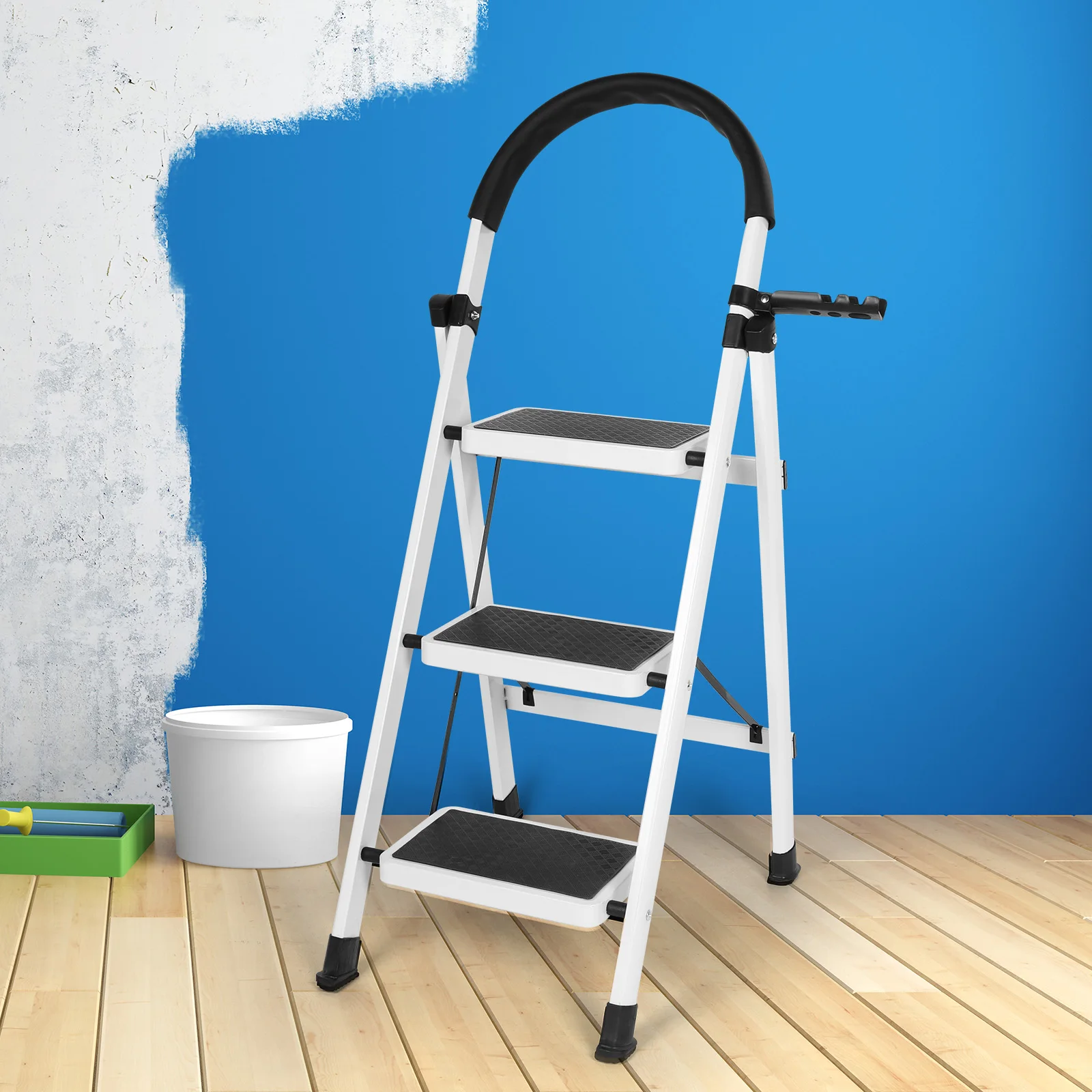 3 Step Foldable Heavy Duty Stepladder Anti-Slip Step Stool for Household (White)