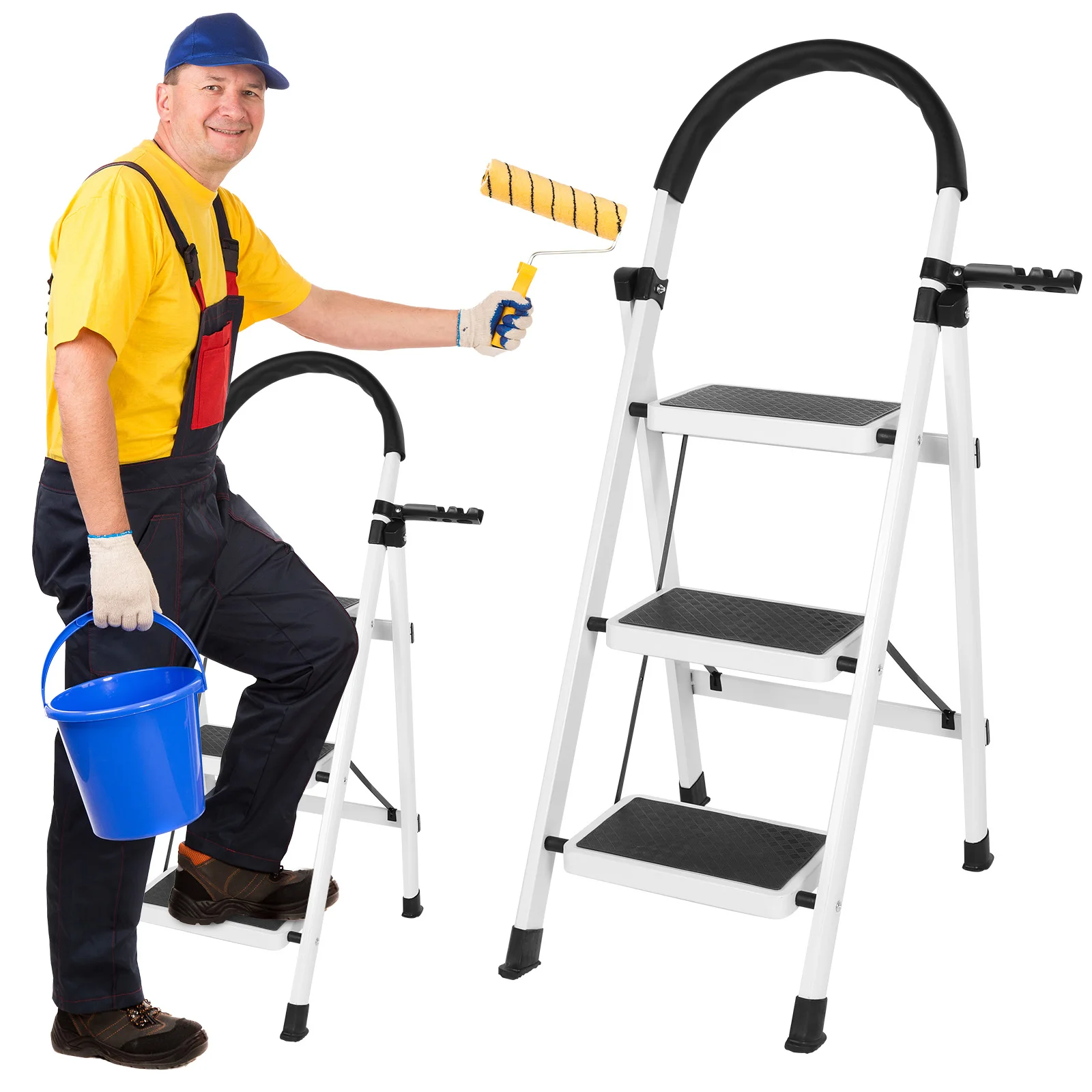 3 Step Foldable Heavy Duty Stepladder Anti-Slip Step Stool for Household (White)