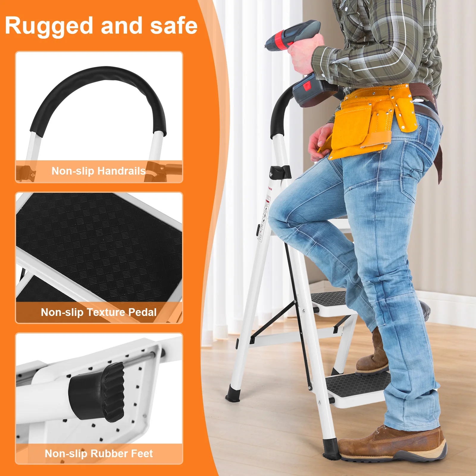 3 Step Foldable Heavy Duty Stepladder Anti-Slip Step Stool for Household (White)