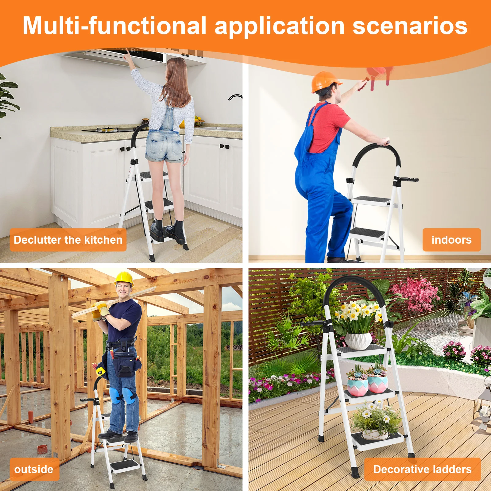3 Step Foldable Heavy Duty Stepladder Anti-Slip Step Stool for Household (White)