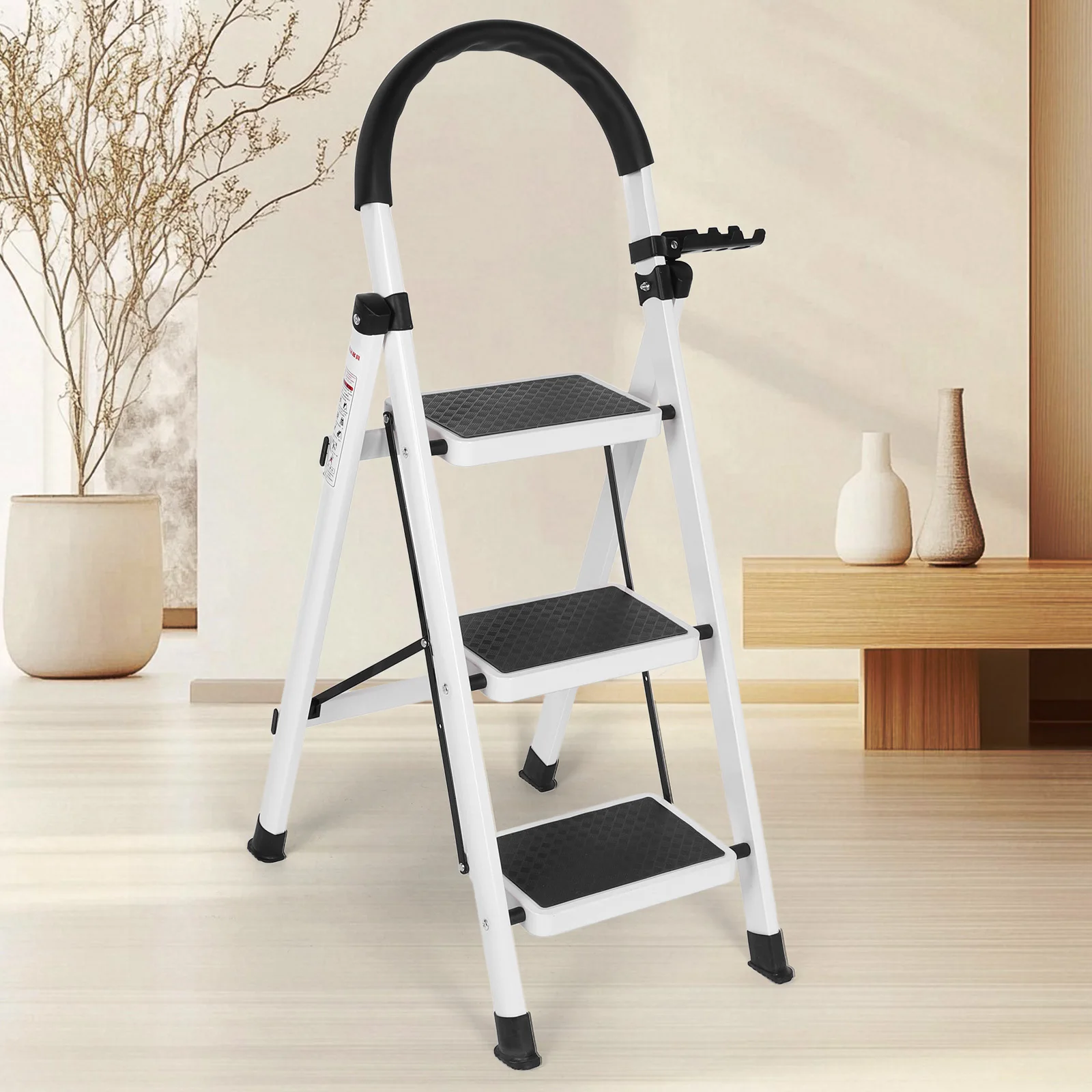 3 Step Foldable Heavy Duty Stepladder Anti-Slip Step Stool for Household (White)