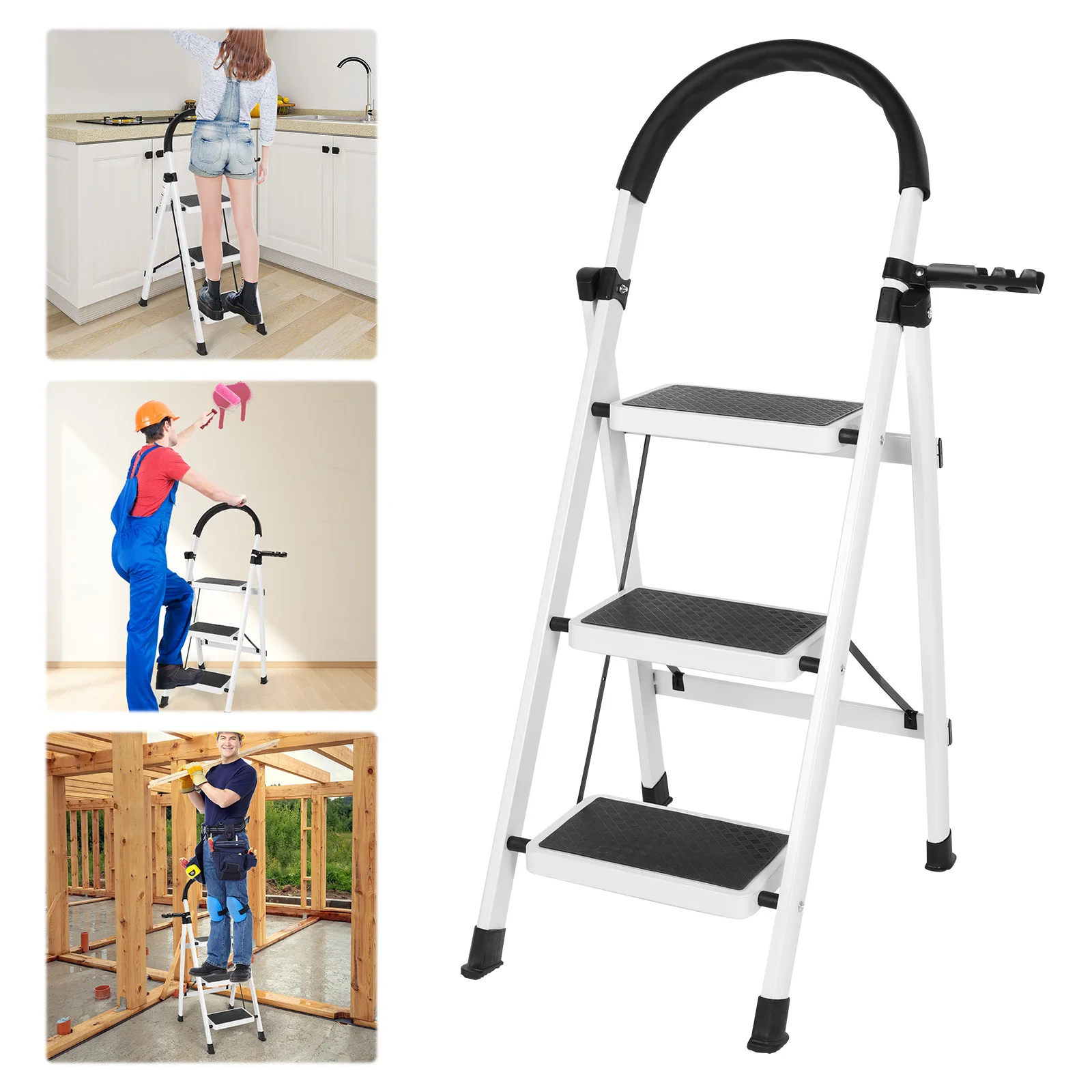 3 Step Foldable Heavy Duty Stepladder Anti-Slip Step Stool for Household (White)