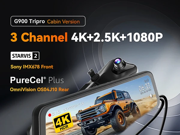 WOLFBOX G900 Tripro Cabin Version 3 Channel 4K Rear View Mirror dash Camera, STARVIS 2 IMX678, Voice Control,Includes 256G Card