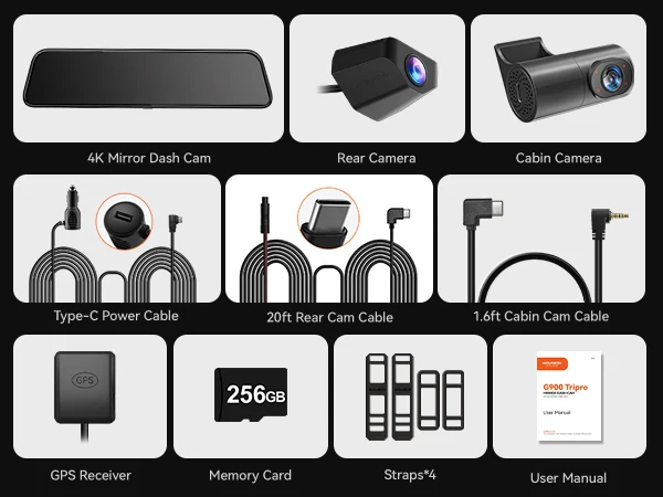 WOLFBOX G900 Tripro Cabin Version 3 Channel 4K Rear View Mirror dash Camera, STARVIS 2 IMX678, Voice Control,Includes 256G Card