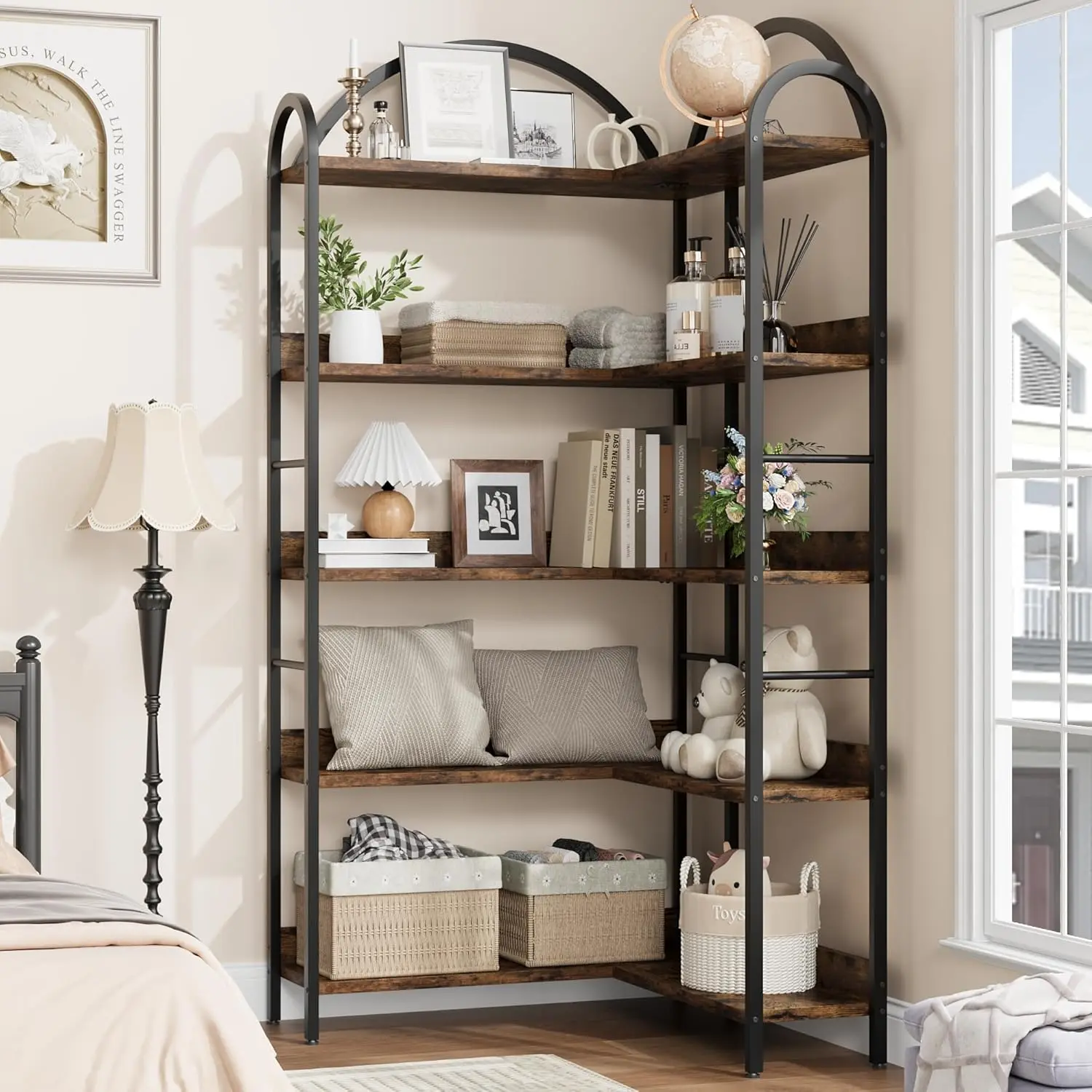 UK Arched Bookshelf Corner Bookcase, L Shaped Bookshelf Industrial Corner Bookshelf, Large Bookcase With Metal Frame, Corner She