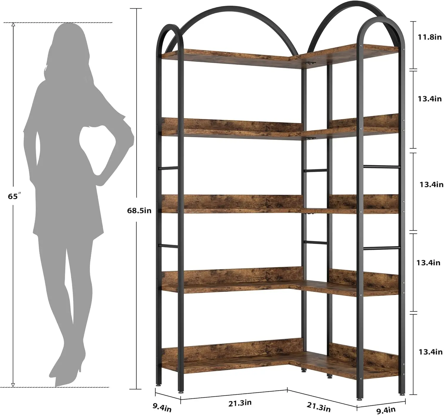 UK Arched Bookshelf Corner Bookcase, L Shaped Bookshelf Industrial Corner Bookshelf, Large Bookcase With Metal Frame, Corner She