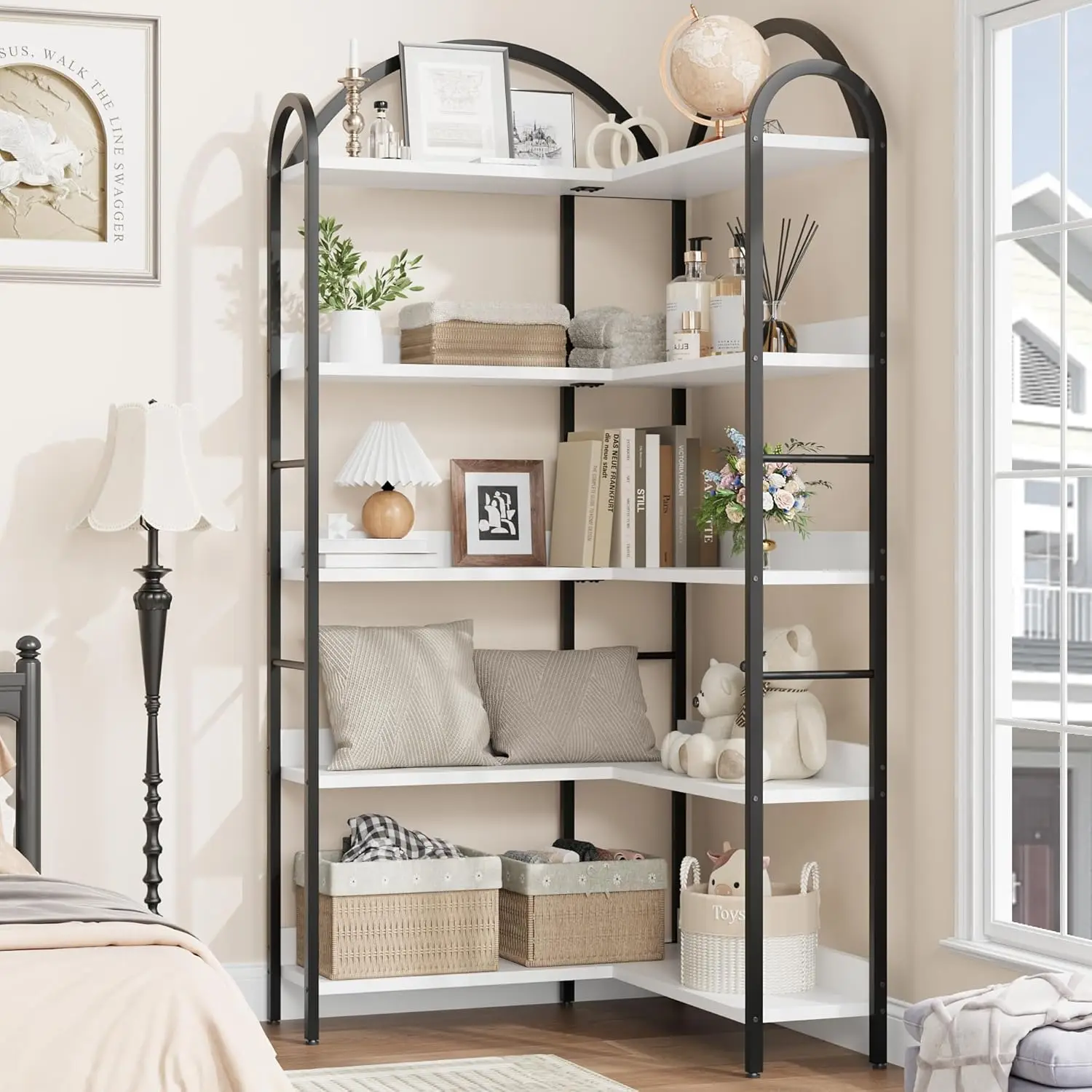 UK Arched Bookshelf Corner Bookcase, L Shaped Bookshelf Industrial Corner Bookshelf, Large Bookcase With Metal Frame, Corner She