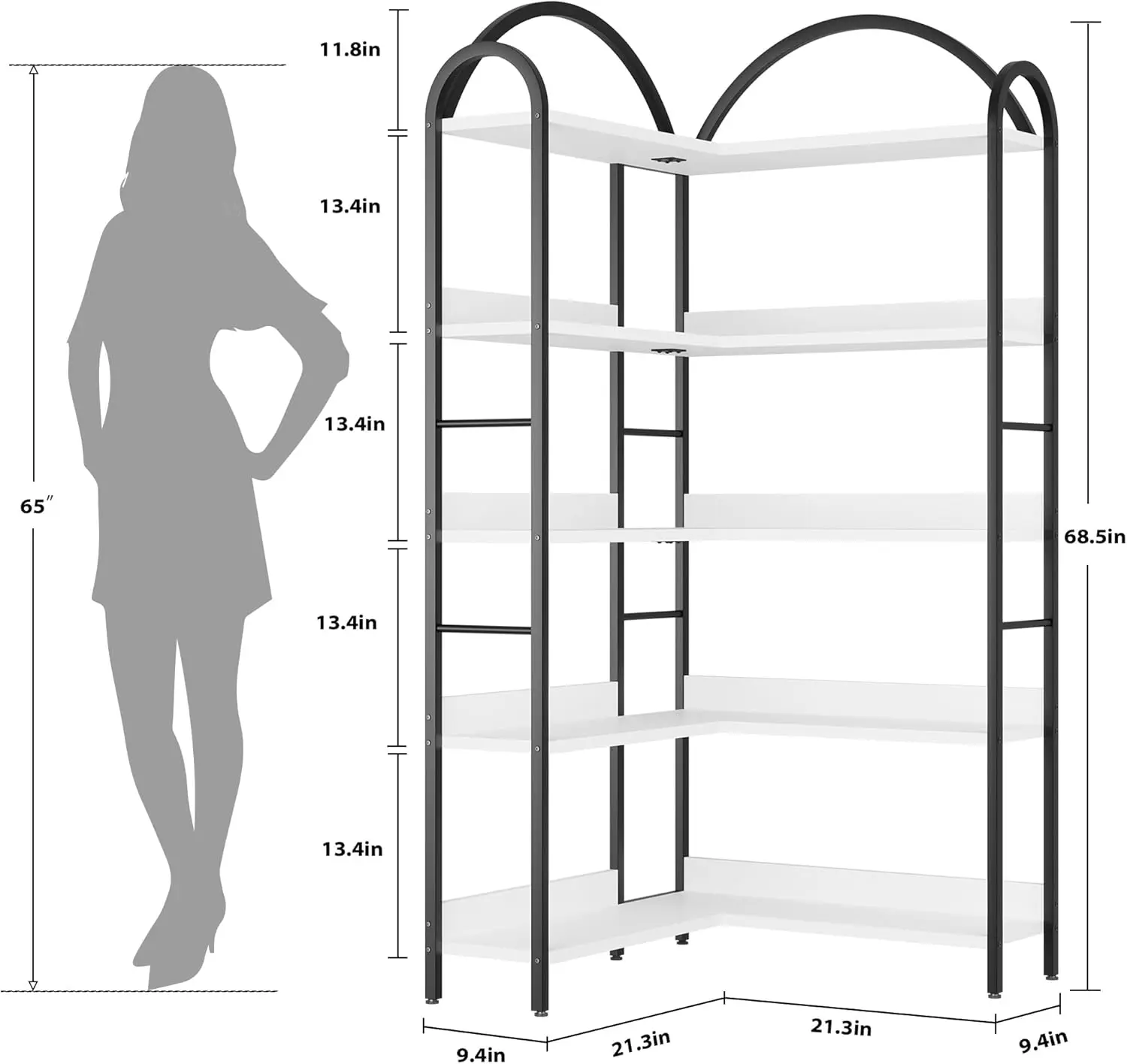 UK Arched Bookshelf Corner Bookcase, L Shaped Bookshelf Industrial Corner Bookshelf, Large Bookcase With Metal Frame, Corner She