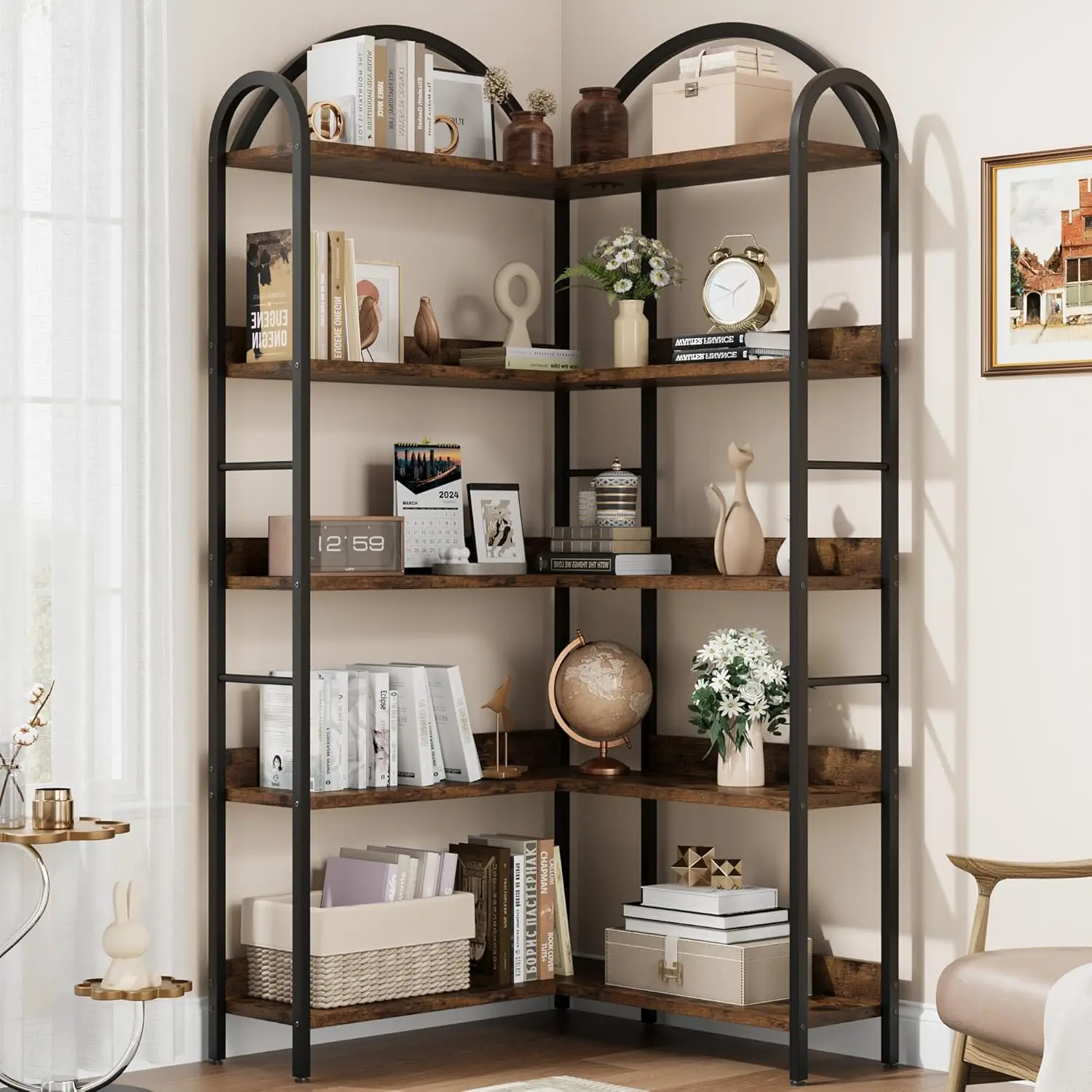 UK Arched Bookshelf Corner Bookcase, L Shaped Bookshelf Industrial Corner Bookshelf, Large Bookcase With Metal Frame, Corner She