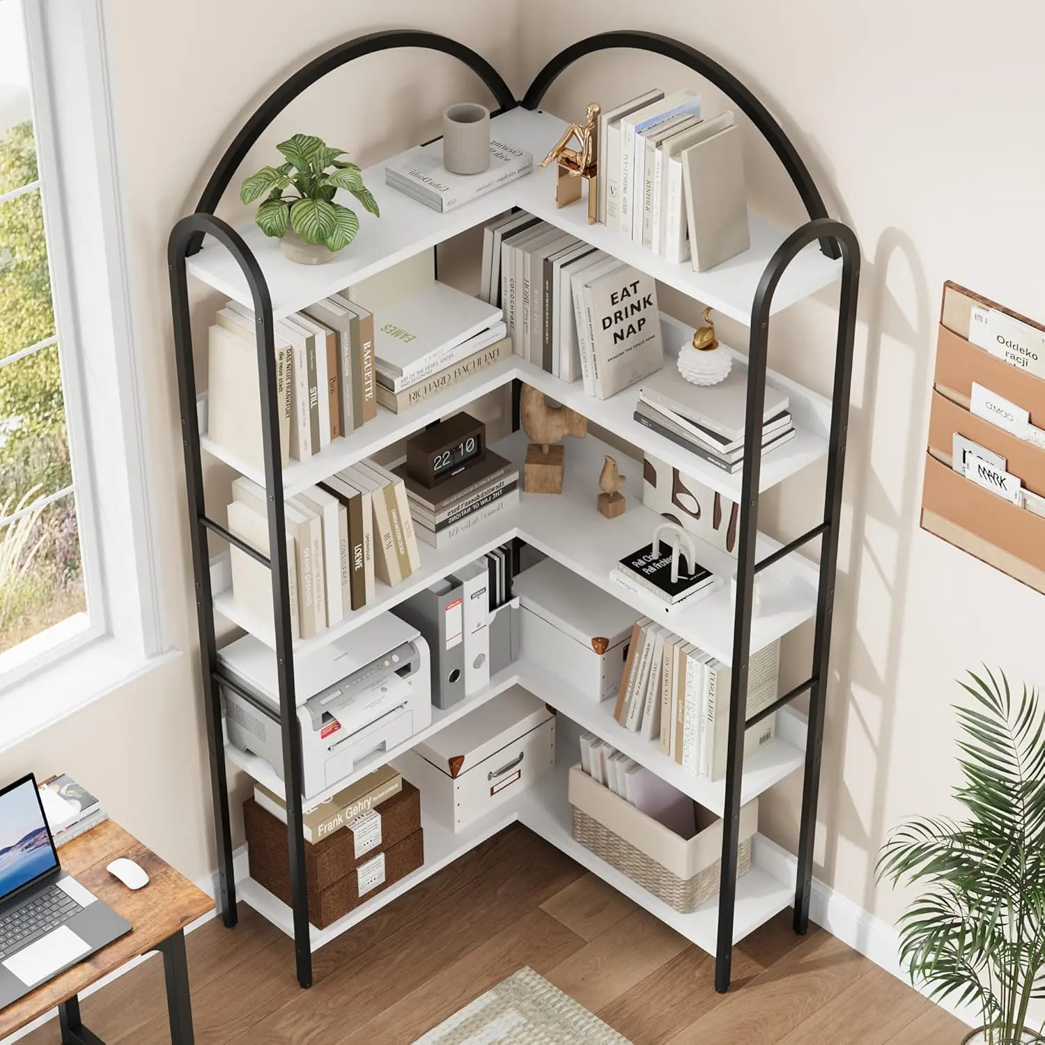 UK Arched Bookshelf Corner Bookcase, L Shaped Bookshelf Industrial Corner Bookshelf, Large Bookcase With Metal Frame, Corner She