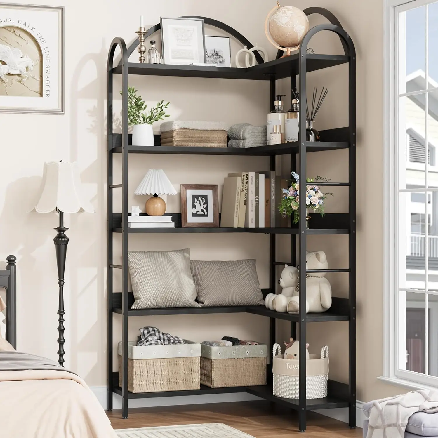 UK Arched Bookshelf Corner Bookcase, L Shaped Bookshelf Industrial Corner Bookshelf, Large Bookcase With Metal Frame, Corner She