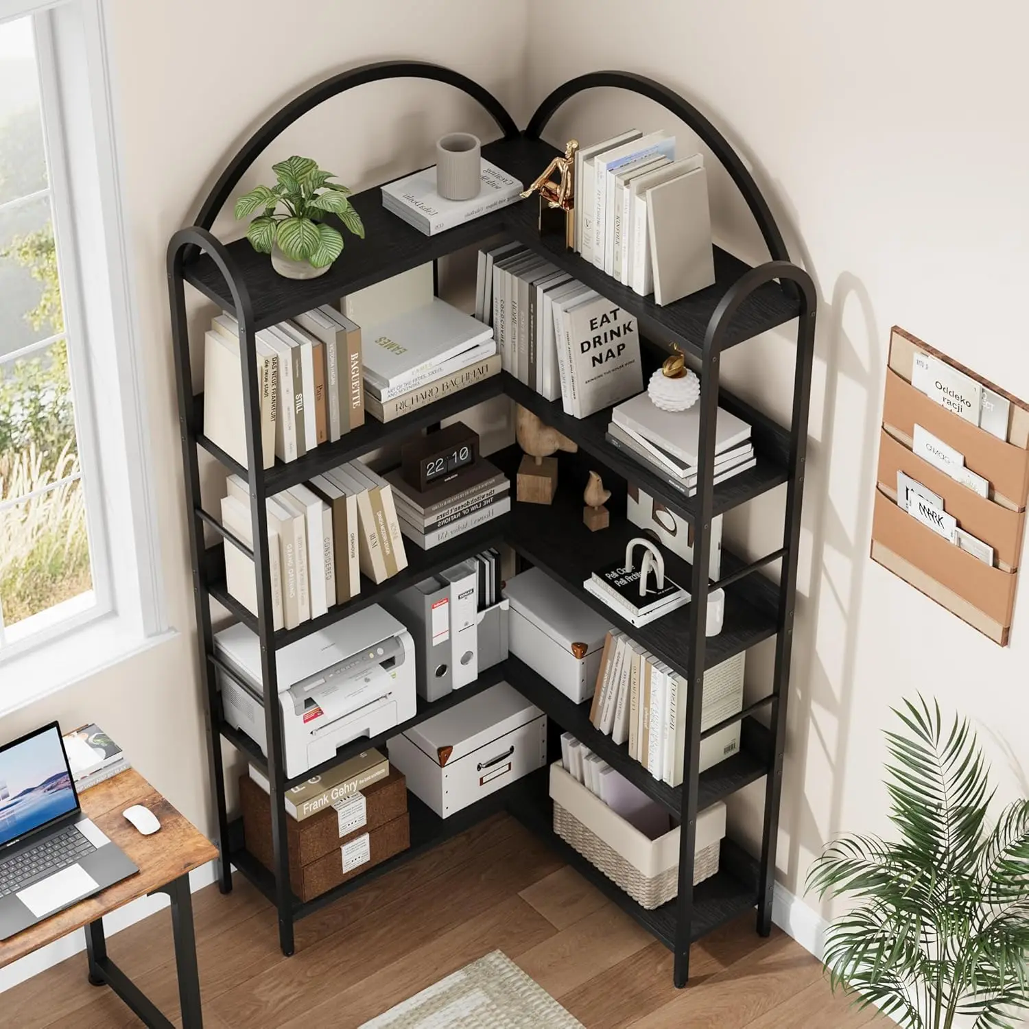 UK Arched Bookshelf Corner Bookcase, L Shaped Bookshelf Industrial Corner Bookshelf, Large Bookcase With Metal Frame, Corner She