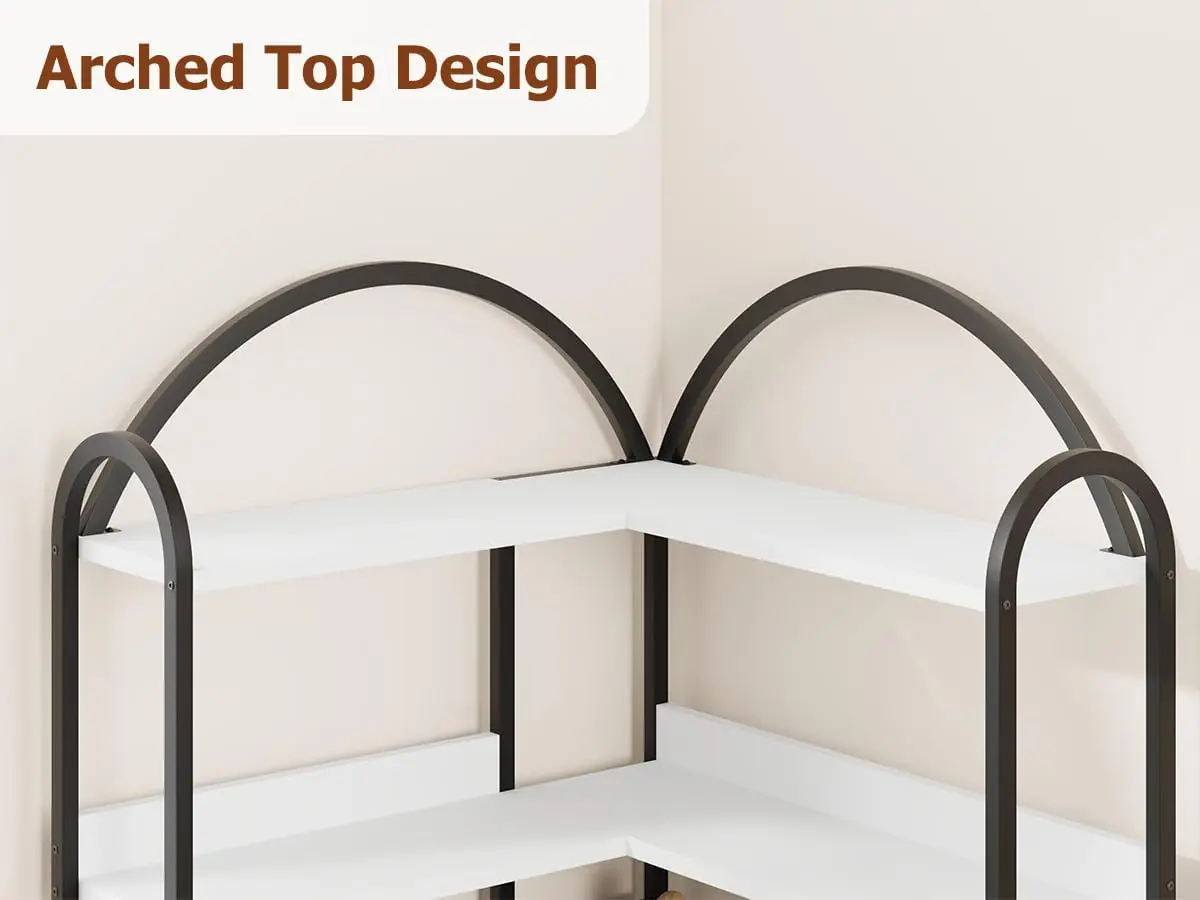 UK Arched Bookshelf Corner Bookcase, L Shaped Bookshelf Industrial Corner Bookshelf, Large Bookcase With Metal Frame, Corner She
