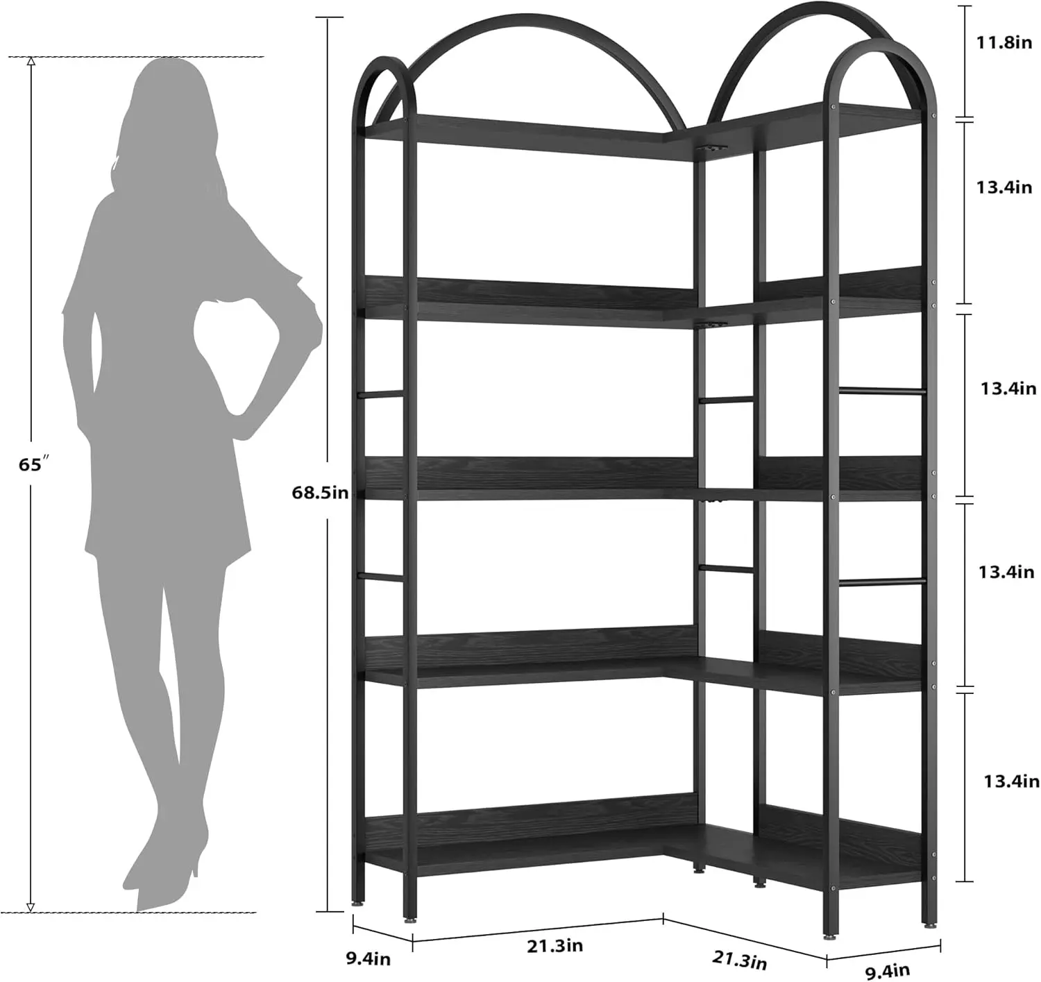 UK Arched Bookshelf Corner Bookcase, L Shaped Bookshelf Industrial Corner Bookshelf, Large Bookcase With Metal Frame, Corner She