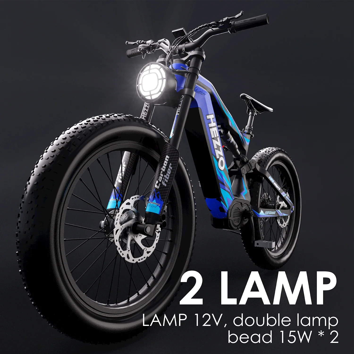 HEZZO K9 Carbon fiber Adult Electric Bike 1500W Motor E-Mountain bike 52V21AH Battery Electric Bicycle 26''Fat Tire Men's E-bike