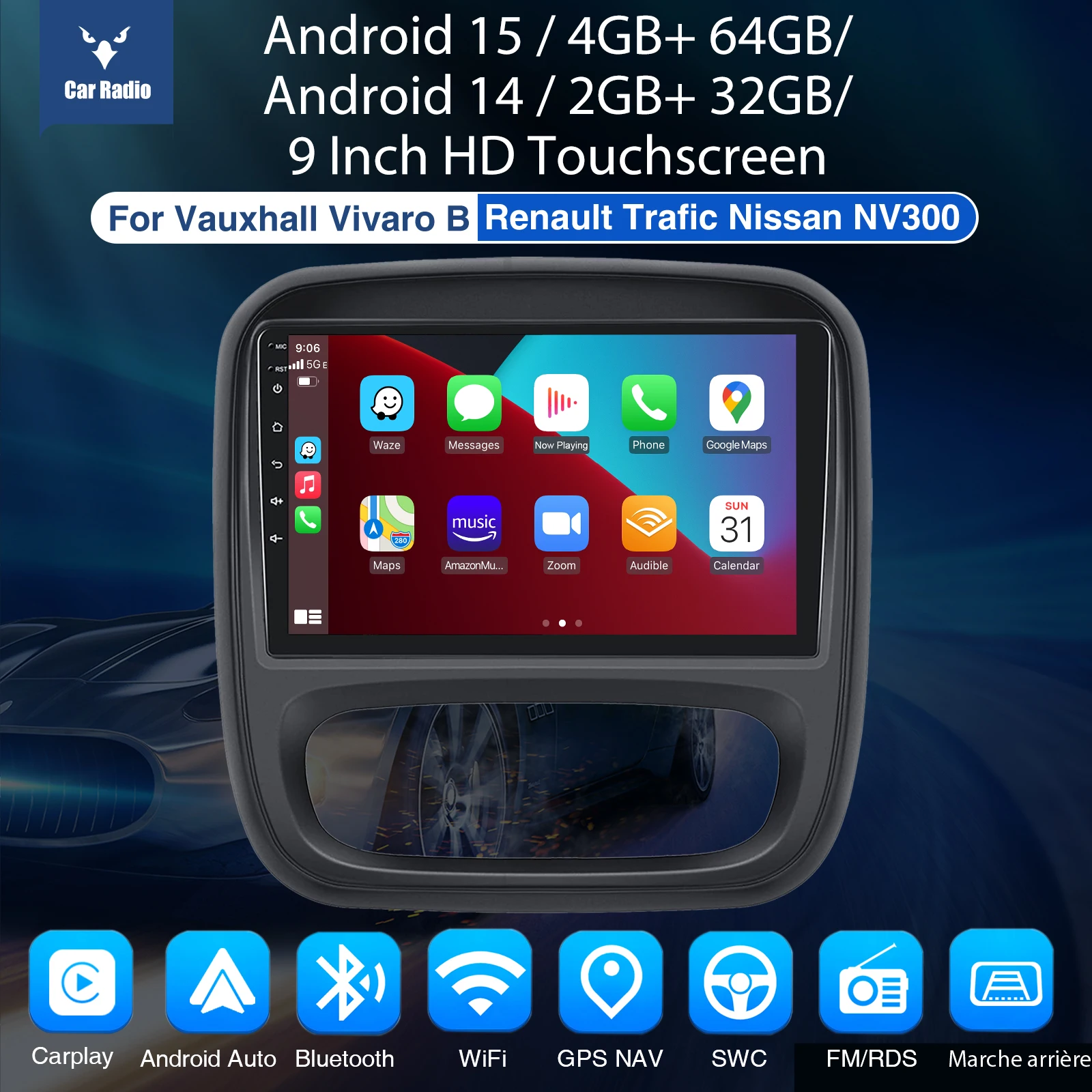 9"Android15 4+64G Car Radio Stereo For Opel Vauxhall Vivaro B Renault Trafic NV300 GPS Navi Bluetooth wrieless Carplay WIFI RDS