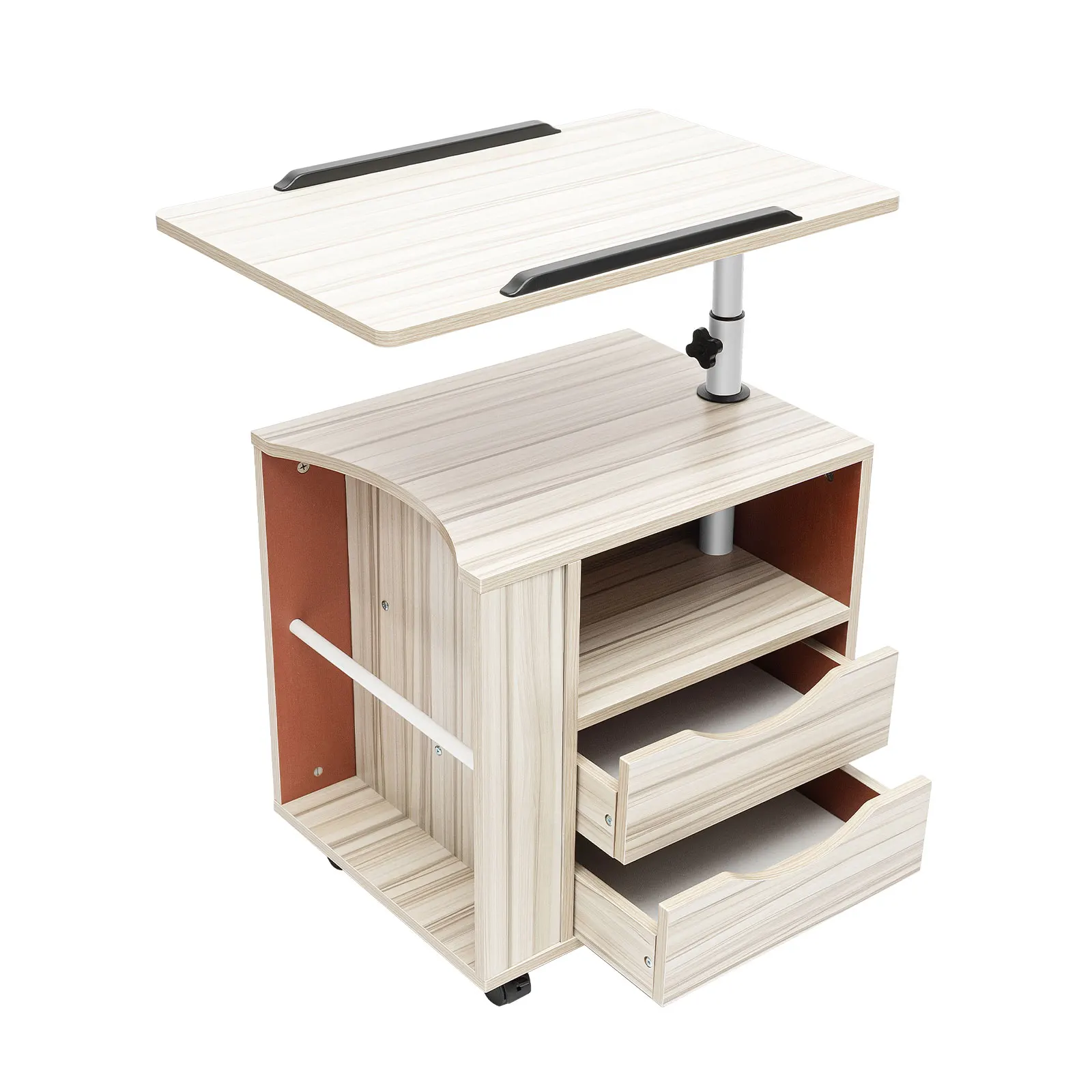 Height Adjustable Nightstand with Lockable Wheels, Over-Bed Movable Bedside Table with 2-Drawers, Bedroom Side Storage