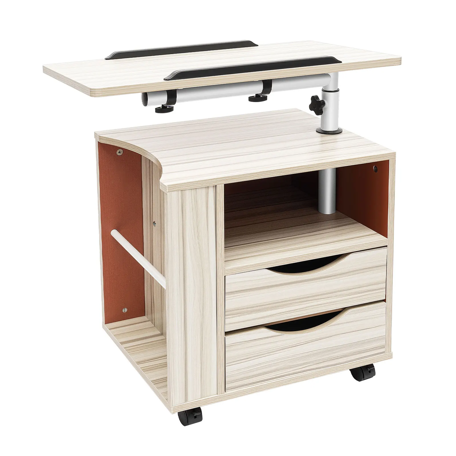 Height Adjustable Nightstand with Lockable Wheels, Over-Bed Movable Bedside Table with 2-Drawers, Bedroom Side Storage
