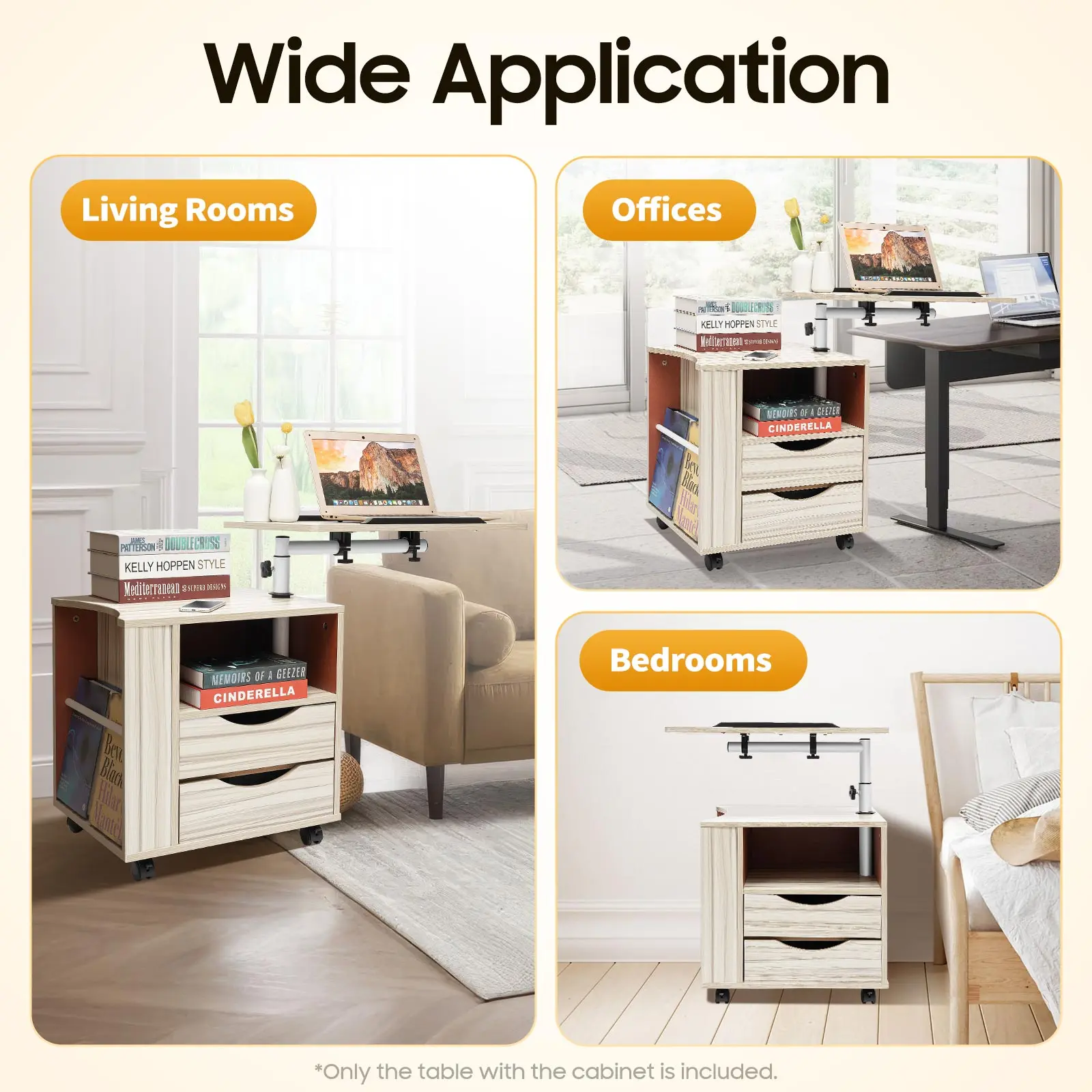 Height Adjustable Nightstand with Lockable Wheels, Over-Bed Movable Bedside Table with 2-Drawers, Bedroom Side Storage