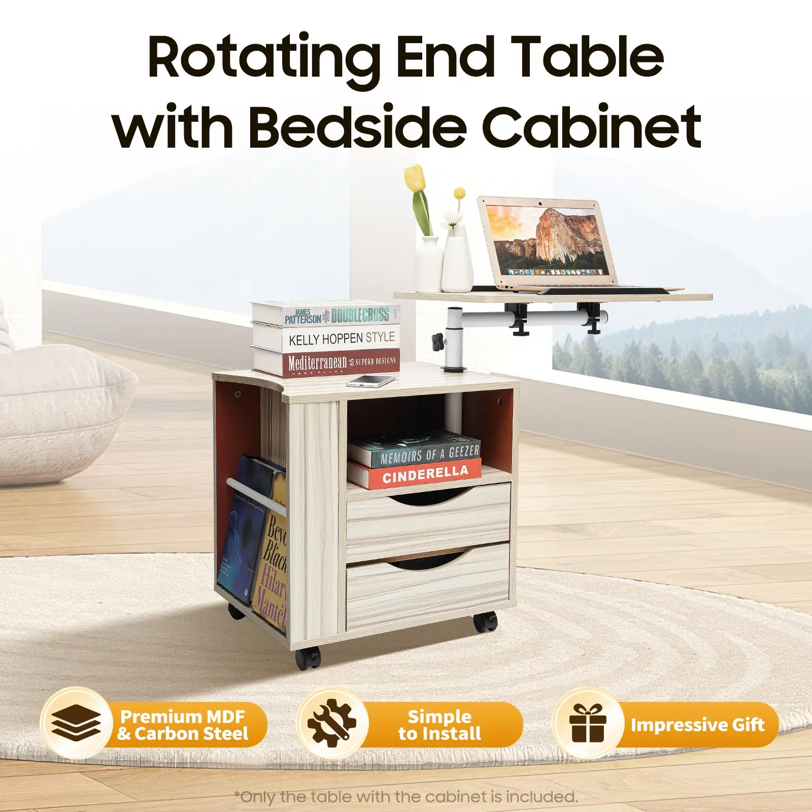 Height Adjustable Nightstand with Lockable Wheels, Over-Bed Movable Bedside Table with 2-Drawers, Bedroom Side Storage