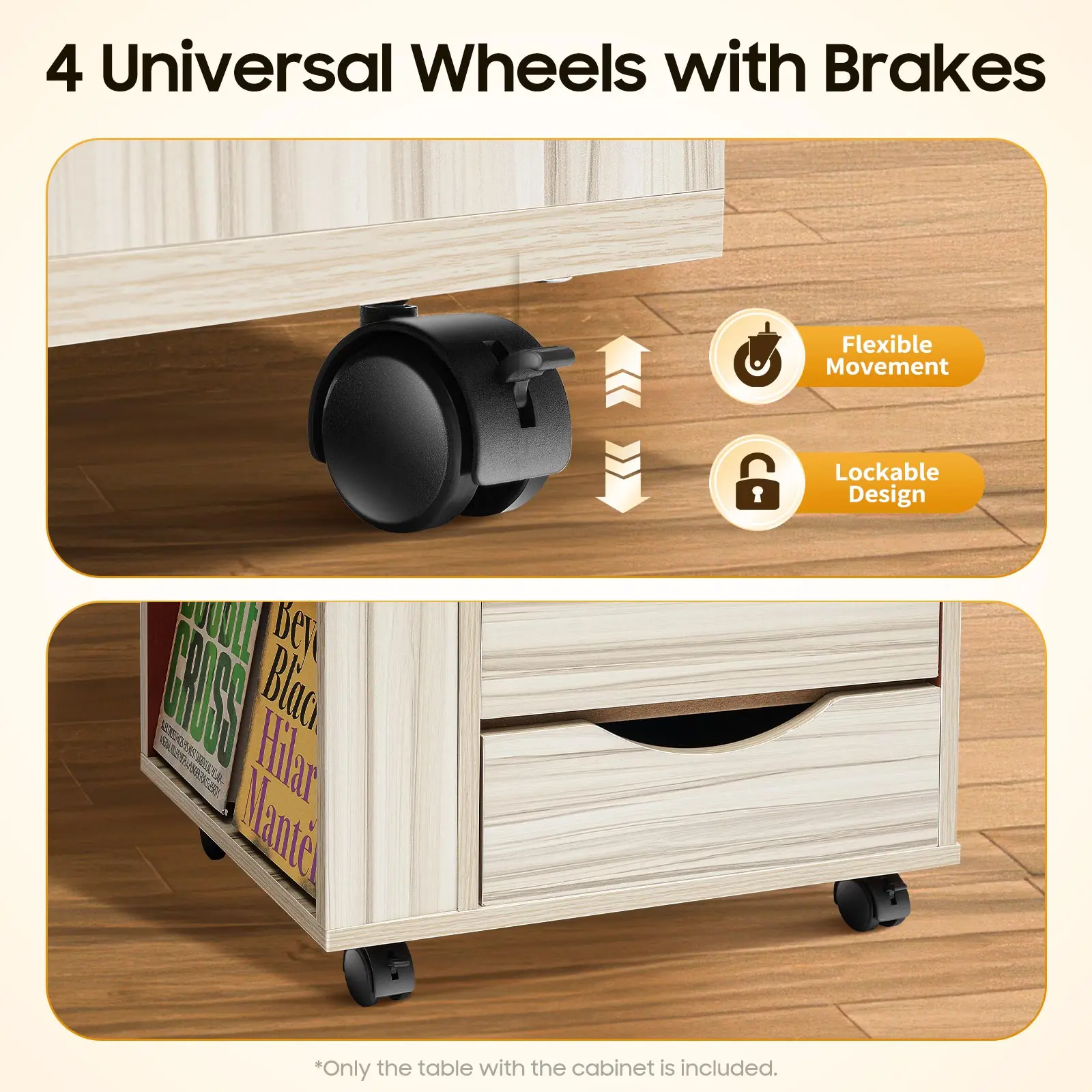 Height Adjustable Nightstand with Lockable Wheels, Over-Bed Movable Bedside Table with 2-Drawers, Bedroom Side Storage