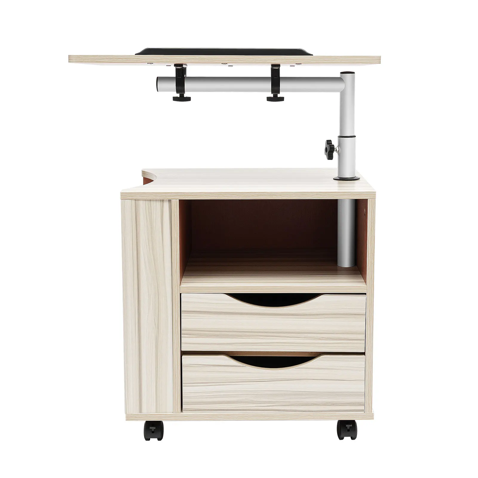 Height Adjustable Nightstand with Lockable Wheels, Over-Bed Movable Bedside Table with 2-Drawers, Bedroom Side Storage