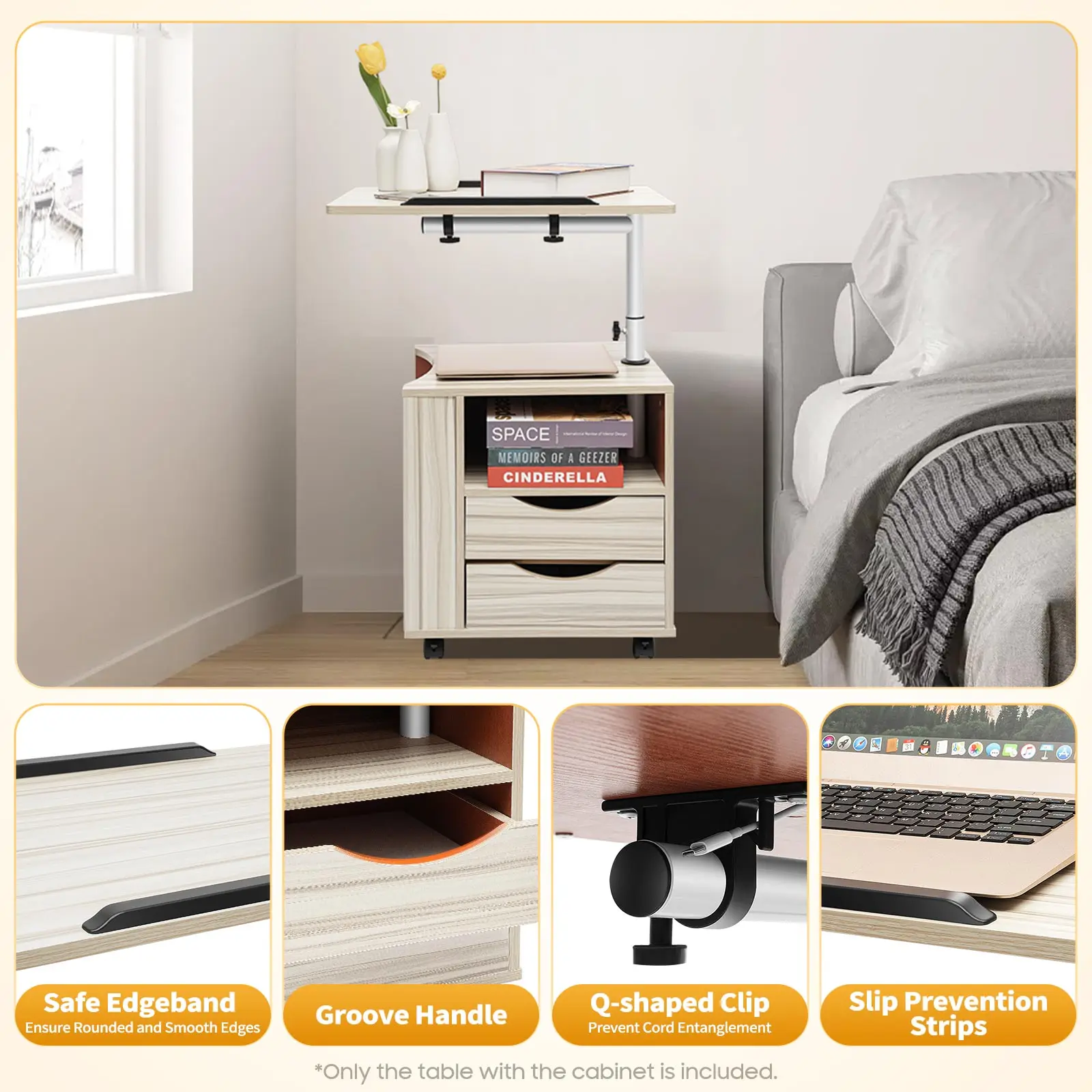 Height Adjustable Nightstand with Lockable Wheels, Over-Bed Movable Bedside Table with 2-Drawers, Bedroom Side Storage