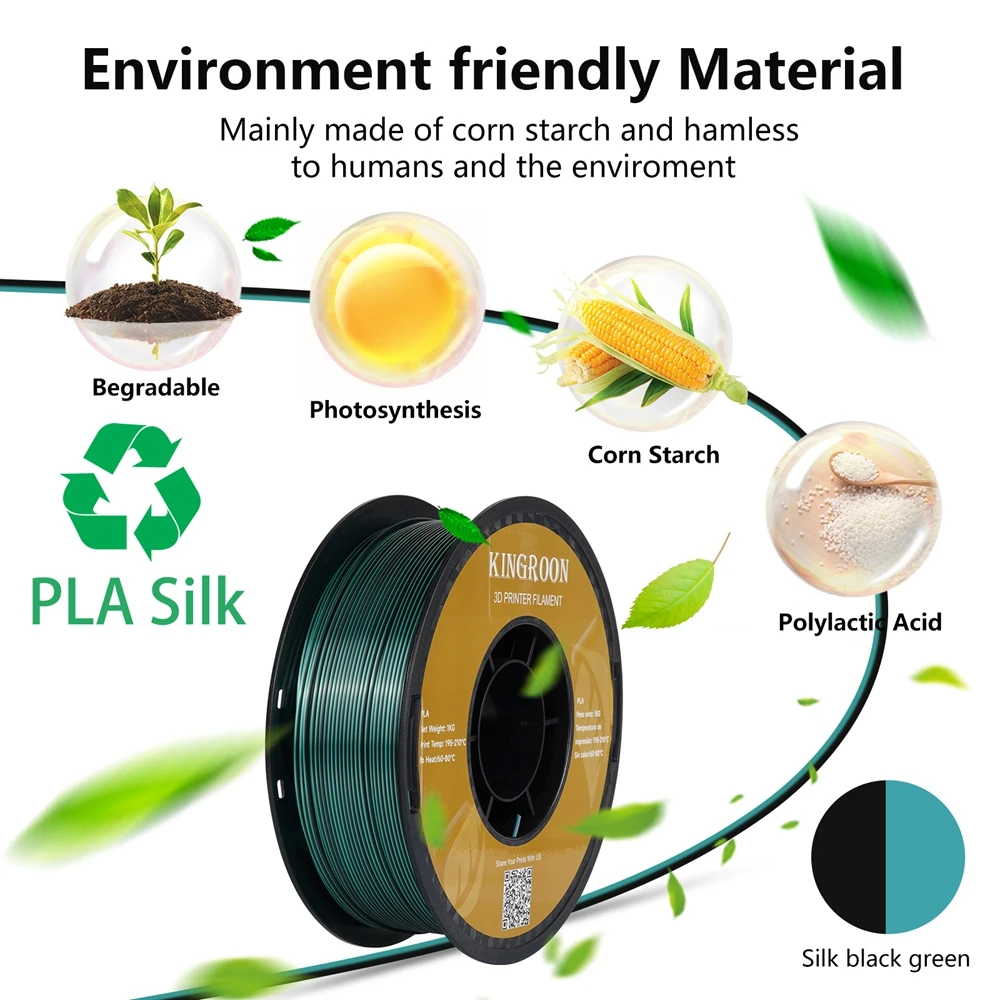 KINGROON Silk PLA Filament 1.75mm 1KG, Tricolor Dual-color 3D Printer Filament Shiny Consumable 2.2lbs Spool, For FDM 3D Printer
