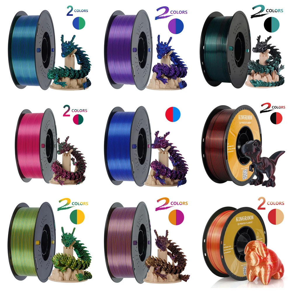 KINGROON Silk PLA Filament 1.75mm 1KG, Tricolor Dual-color 3D Printer Filament Shiny Consumable 2.2lbs Spool, For FDM 3D Printer
