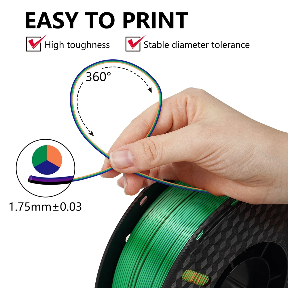 KINGROON Silk PLA Filament 1.75mm 1KG, Tricolor Dual-color 3D Printer Filament Shiny Consumable 2.2lbs Spool, For FDM 3D Printer