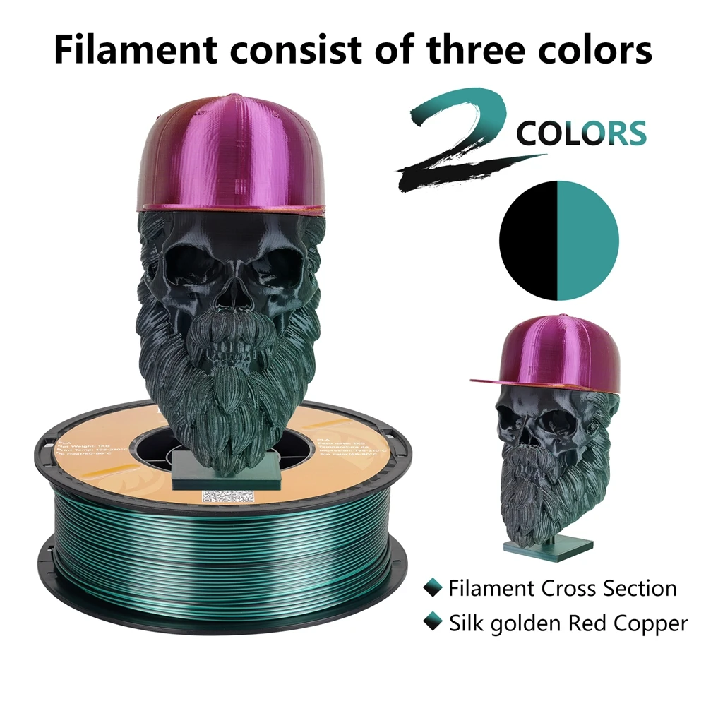KINGROON Silk PLA Filament 1.75mm 1KG, Tricolor Dual-color 3D Printer Filament Shiny Consumable 2.2lbs Spool, For FDM 3D Printer