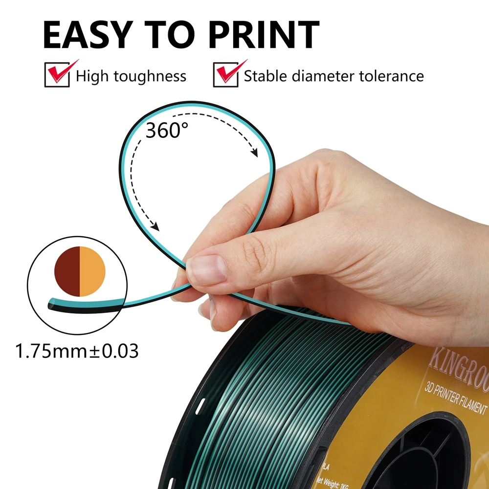 KINGROON Silk PLA Filament 1.75mm 1KG, Tricolor Dual-color 3D Printer Filament Shiny Consumable 2.2lbs Spool, For FDM 3D Printer