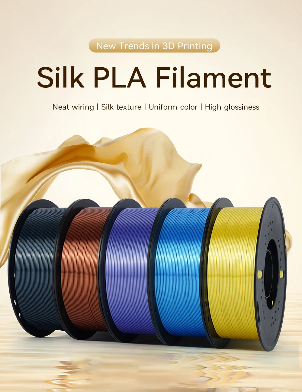 KINGROON Silk PLA Filament 1.75mm 1KG, Tricolor Dual-color 3D Printer Filament Shiny Consumable 2.2lbs Spool, For FDM 3D Printer